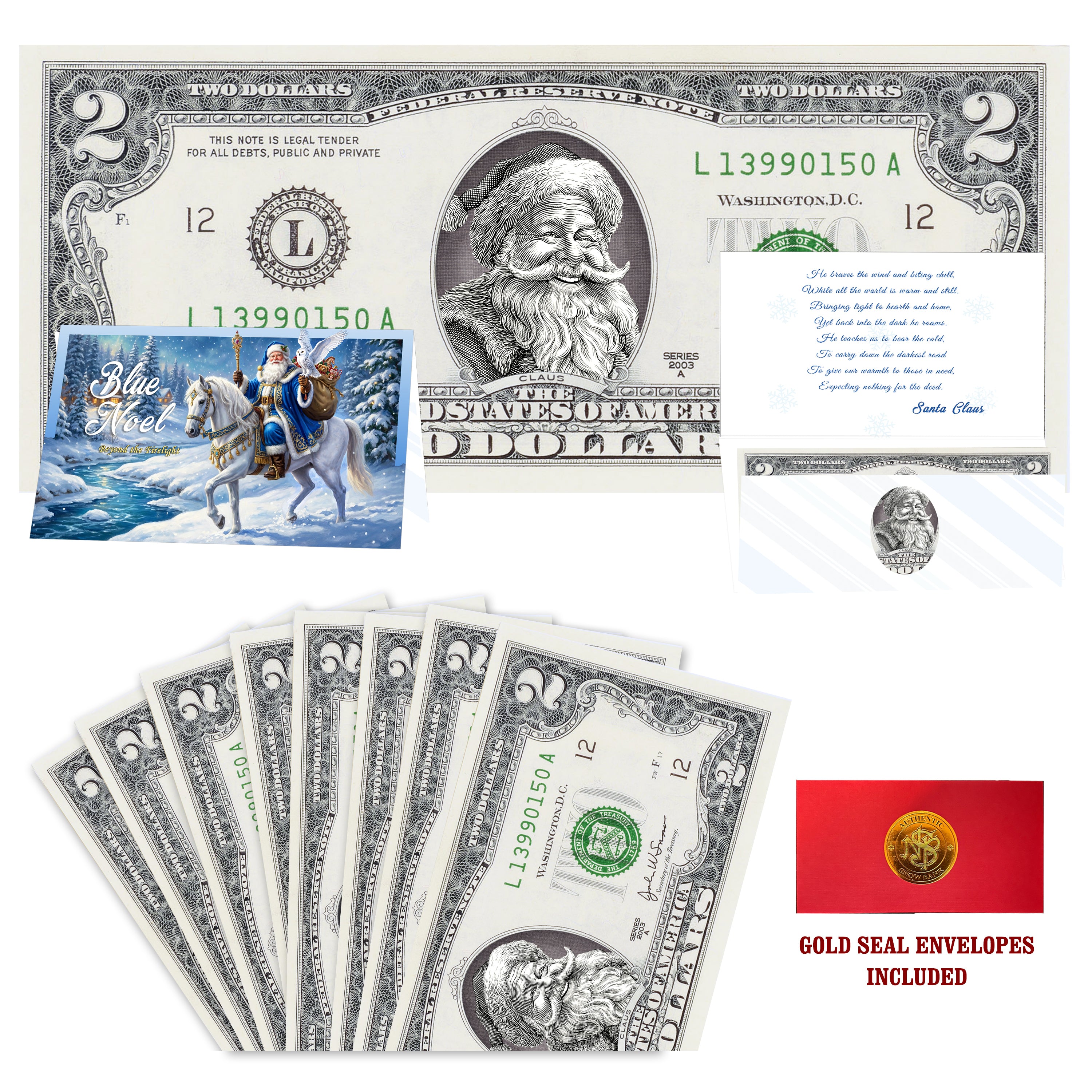 Eight $2 Santa Dollars featuring Jolly Old Santa with Blue Noel folded Christmas cards and gold-seal envelopes.