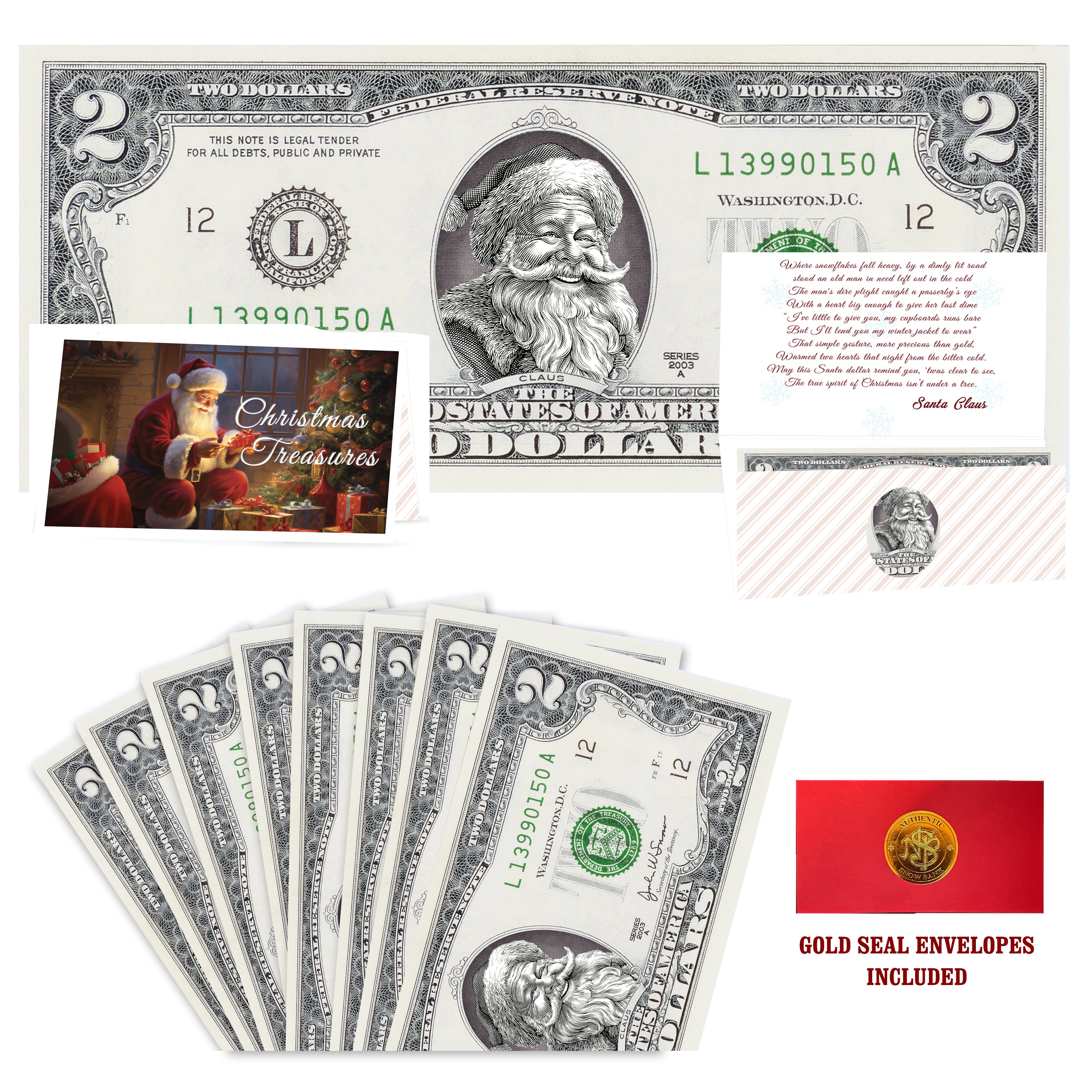 Eight $2 Santa Dollars featuring Jolly Old Santa with Christmas Treasures folded Christmas cards and gold-seal envelopes.
