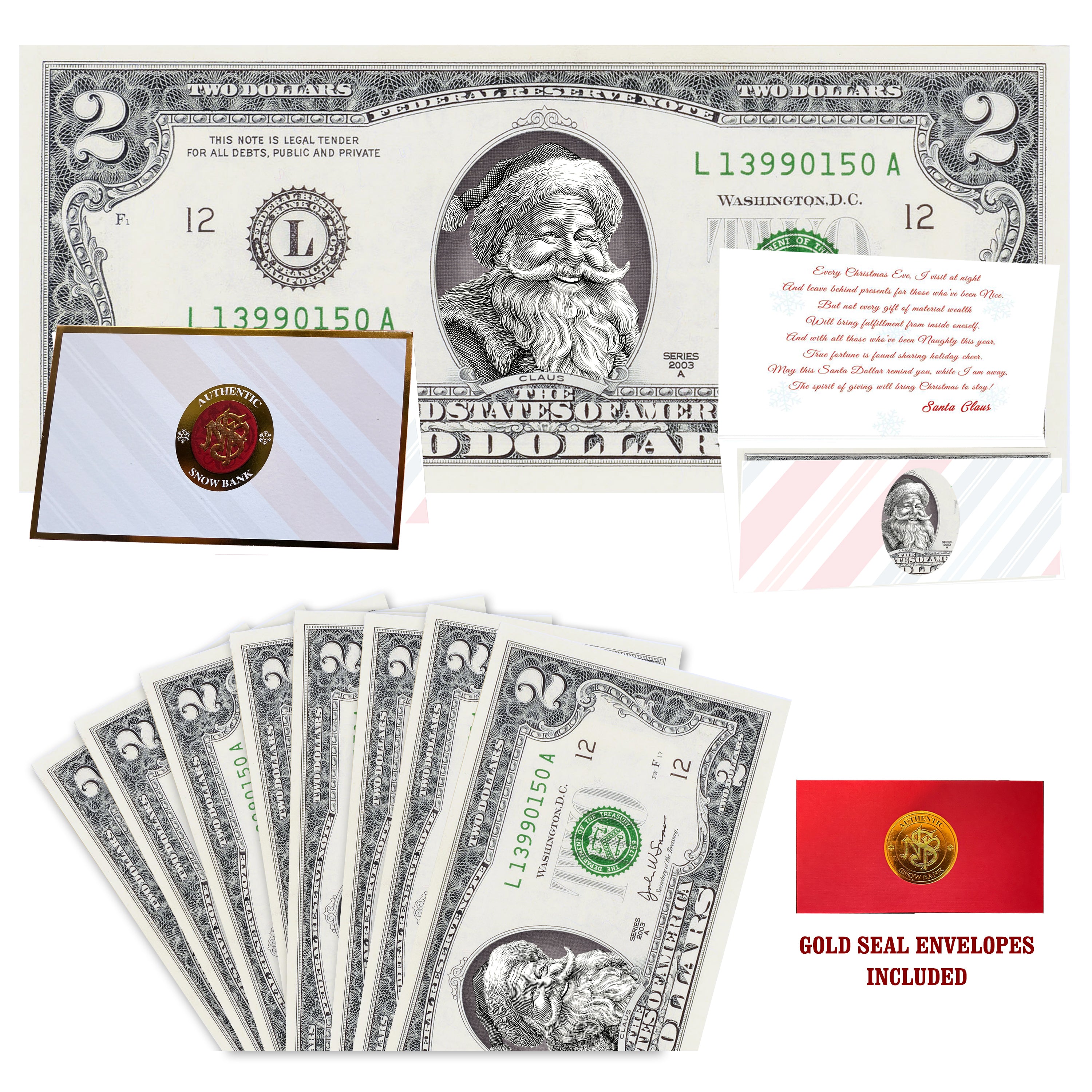 Eight $2 Santa Dollars featuring Jolly Old Santa with Snow Bank folded Christmas cards and gold-seal envelopes.