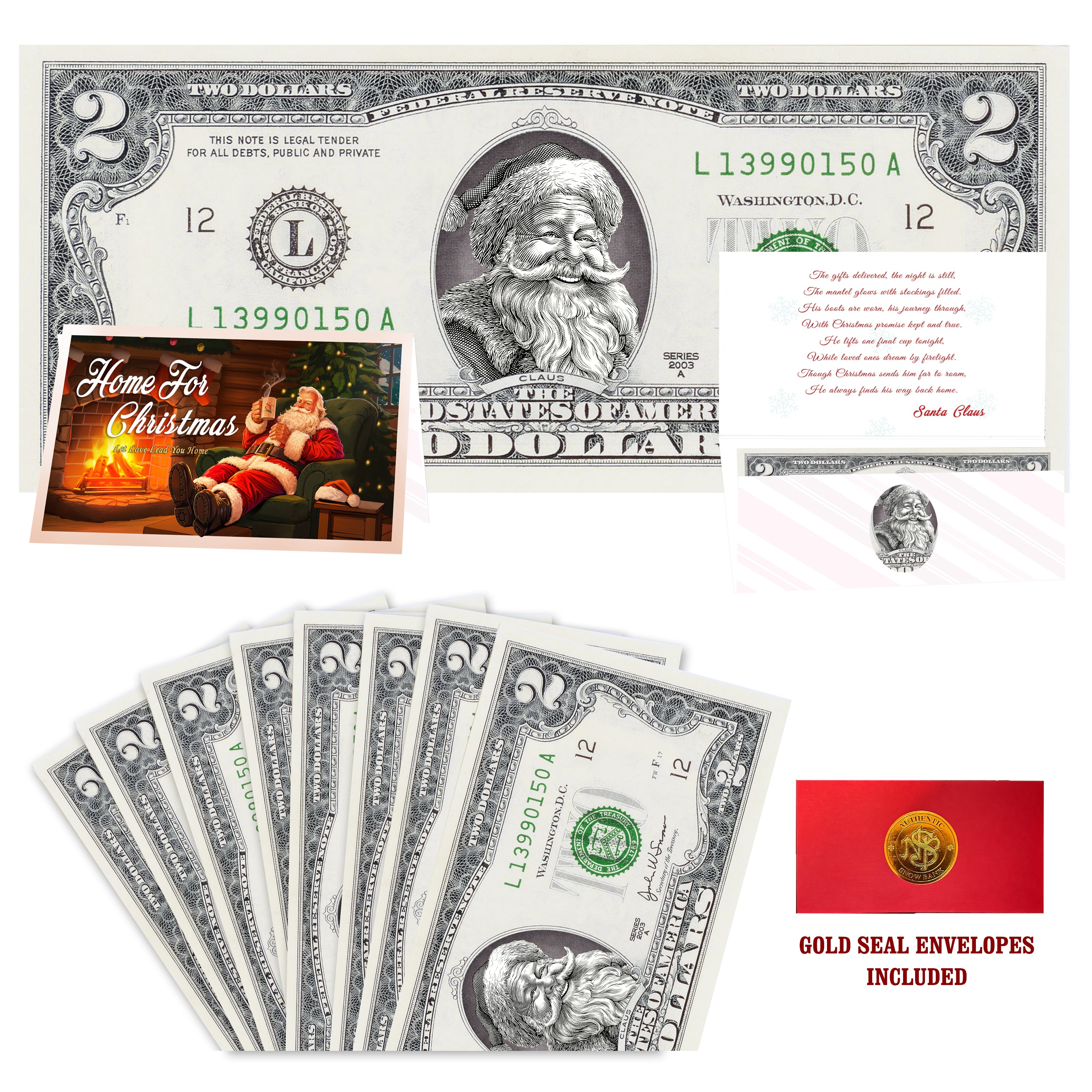 Eight $2 Santa Dollars featuring Jolly Old Santa with Home for Christmas folded Christmas cards and gold-seal envelopes.