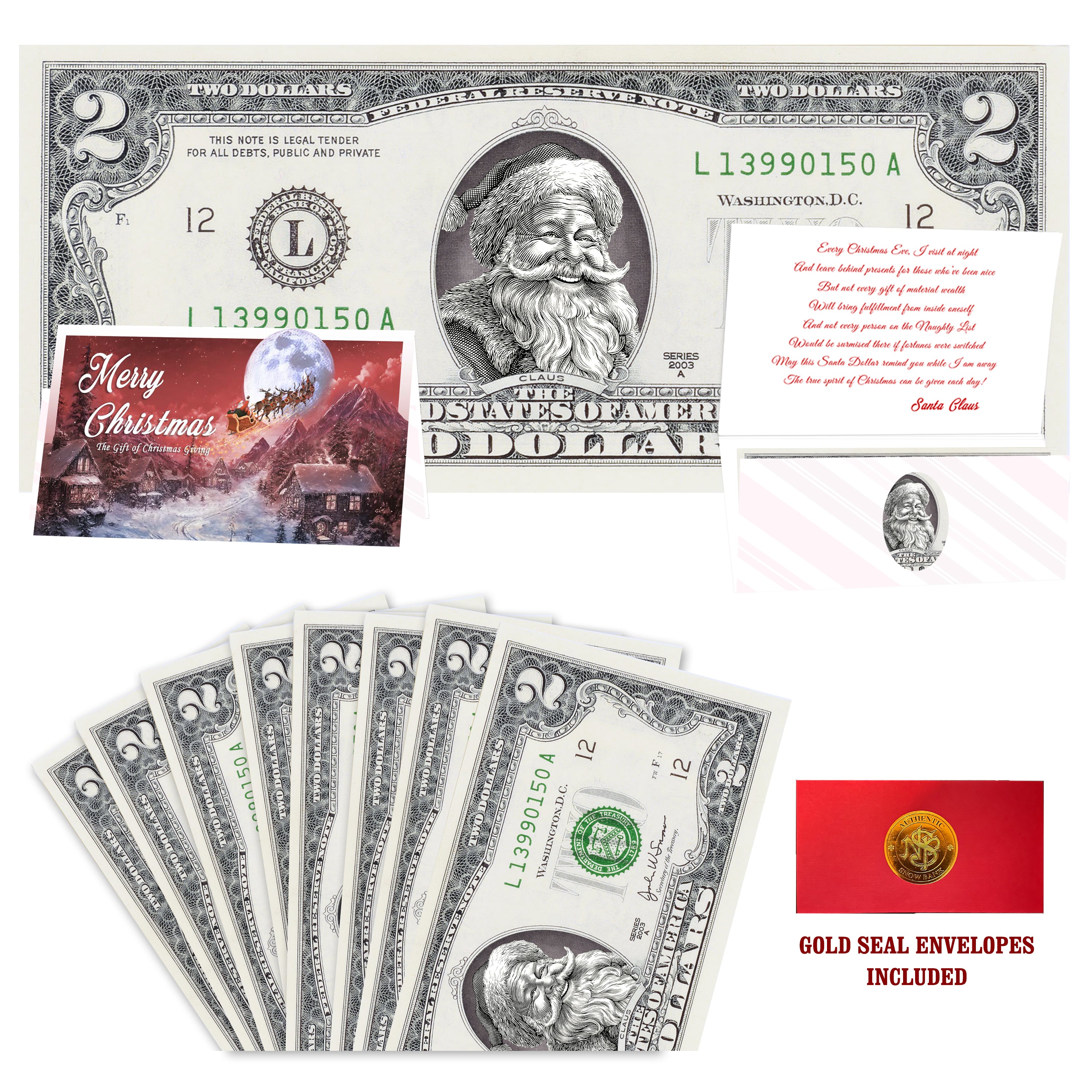 Eight $2 Santa Dollars featuring Jolly Old Santa with To All a Goodnight folded Christmas cards and gold-seal envelopes.