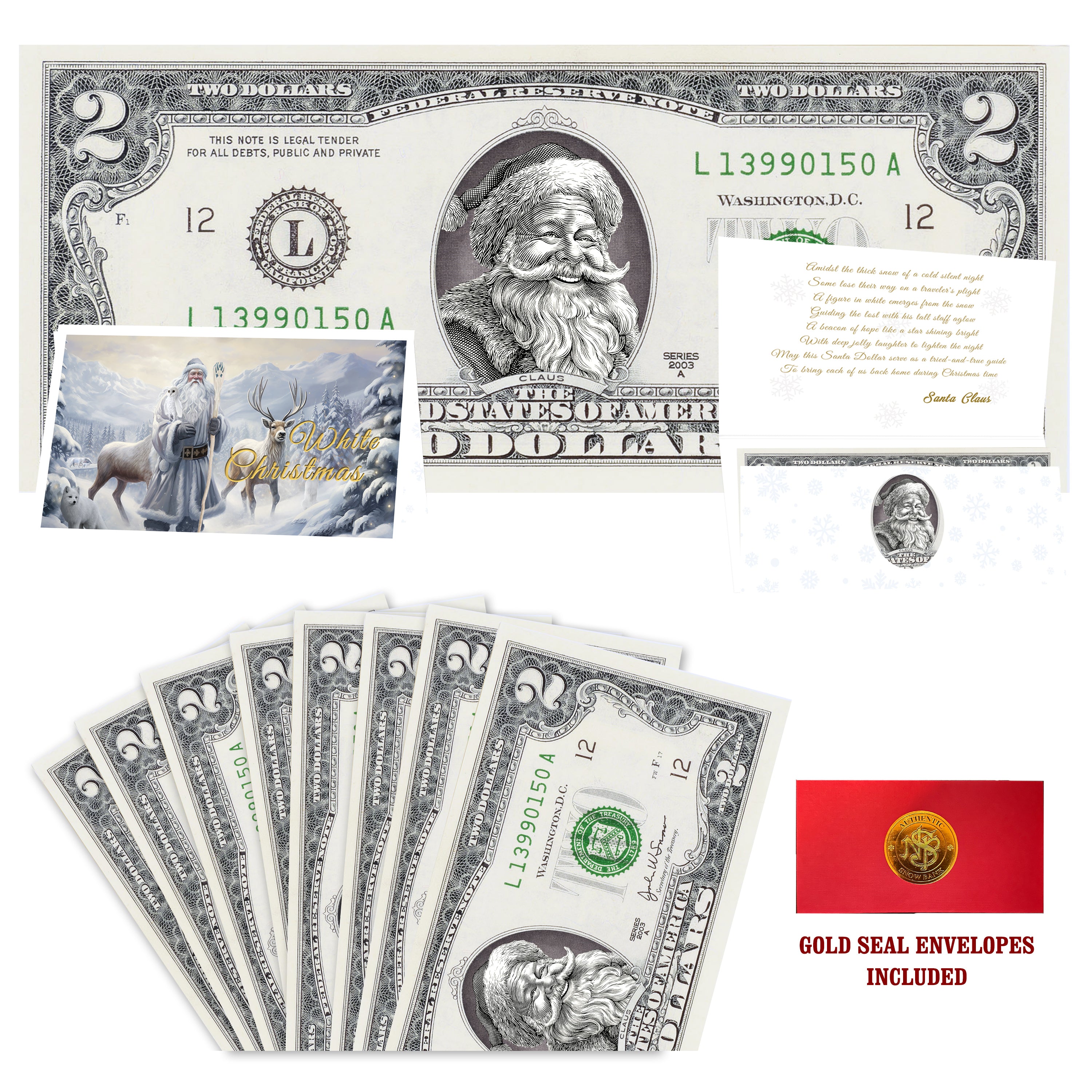 Eight $2 Santa Dollars featuring Jolly Old Santa with White Christmas folded Christmas cards and gold-seal envelopes.