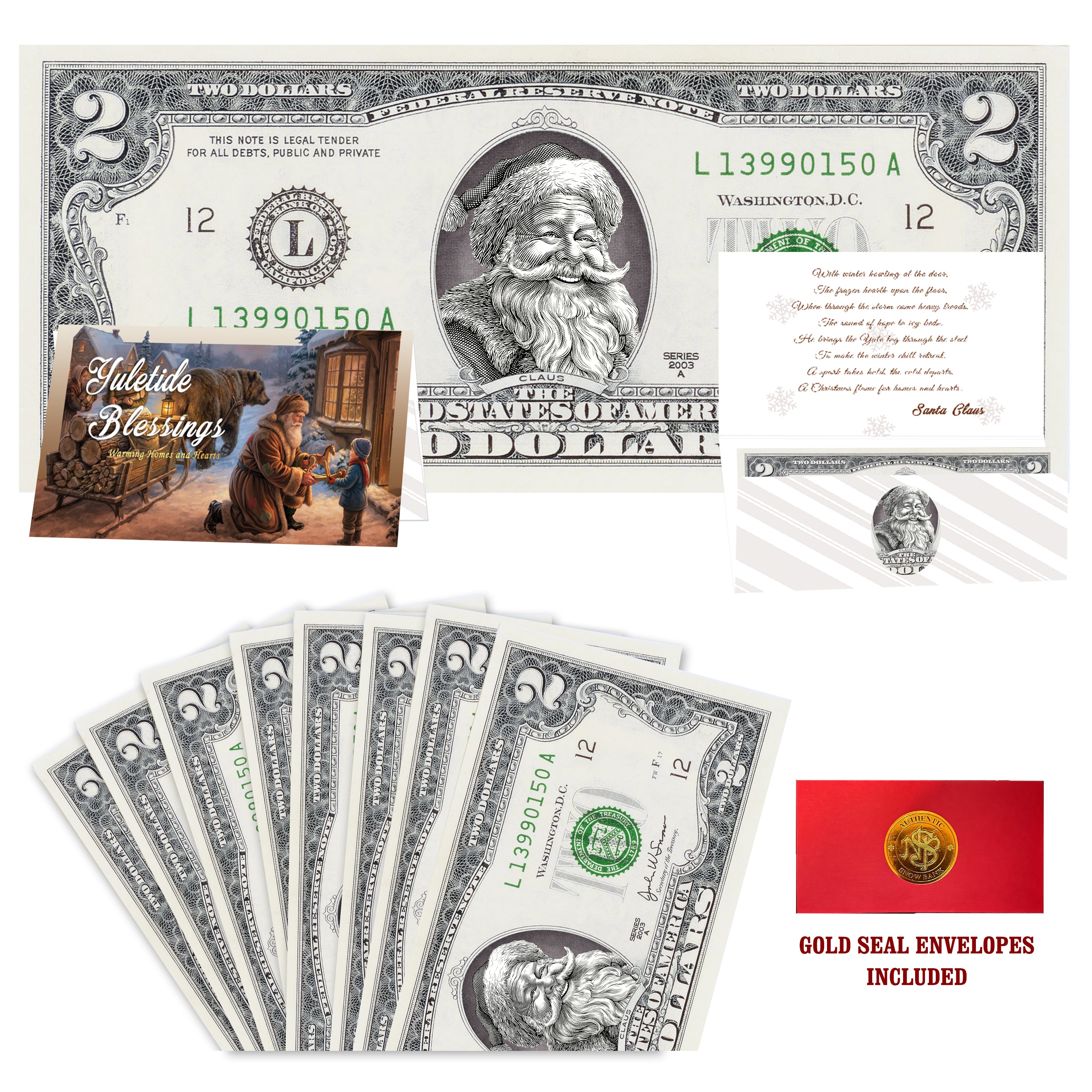 Eight $2 Santa Dollars featuring Jolly Old Santa with Yuletide Blessings folded Christmas cards and gold-seal envelopes.