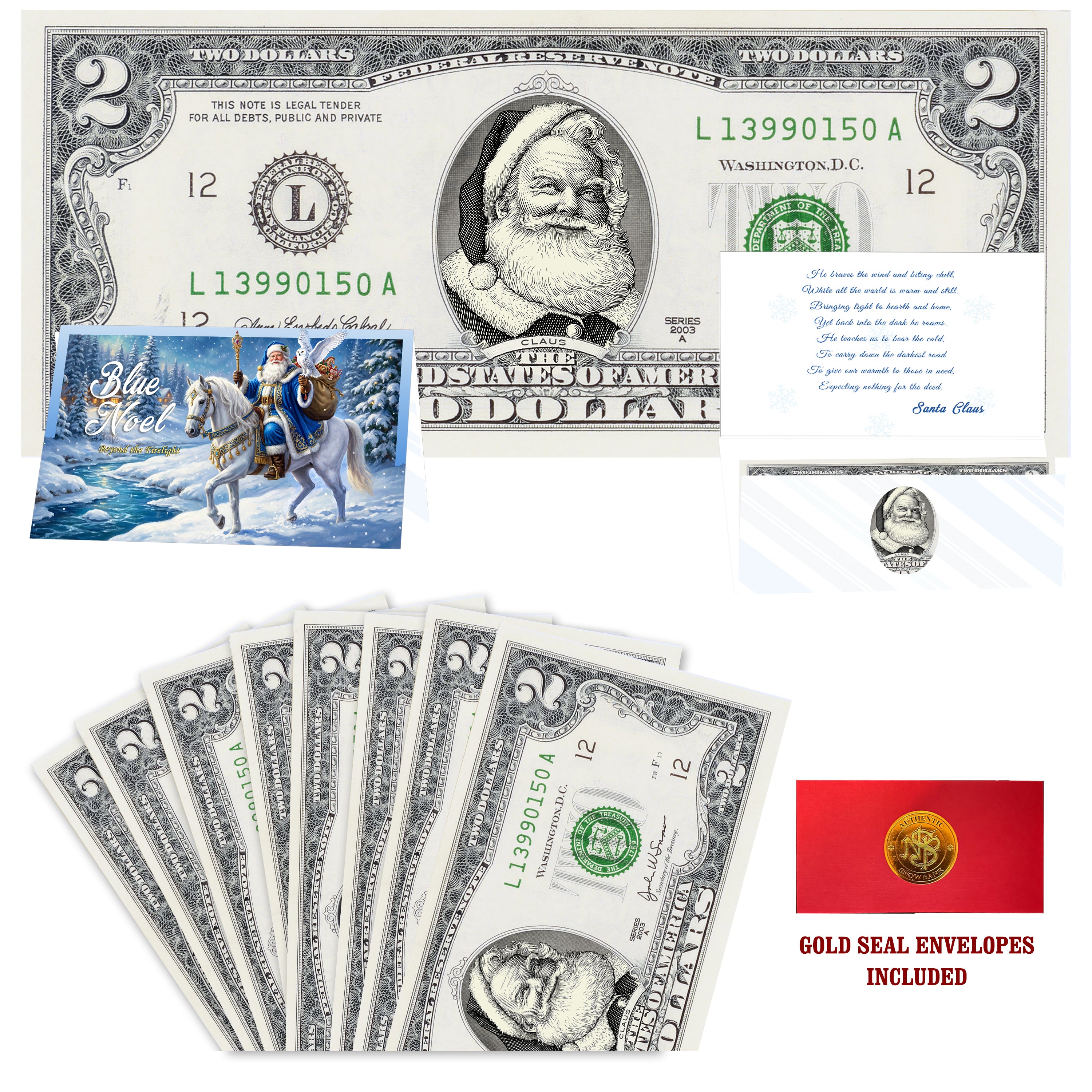 Eight $2 Santa Dollars featuring Beard White as Snow Santa with Blue Noel folded Christmas cards and gold-seal envelopes.