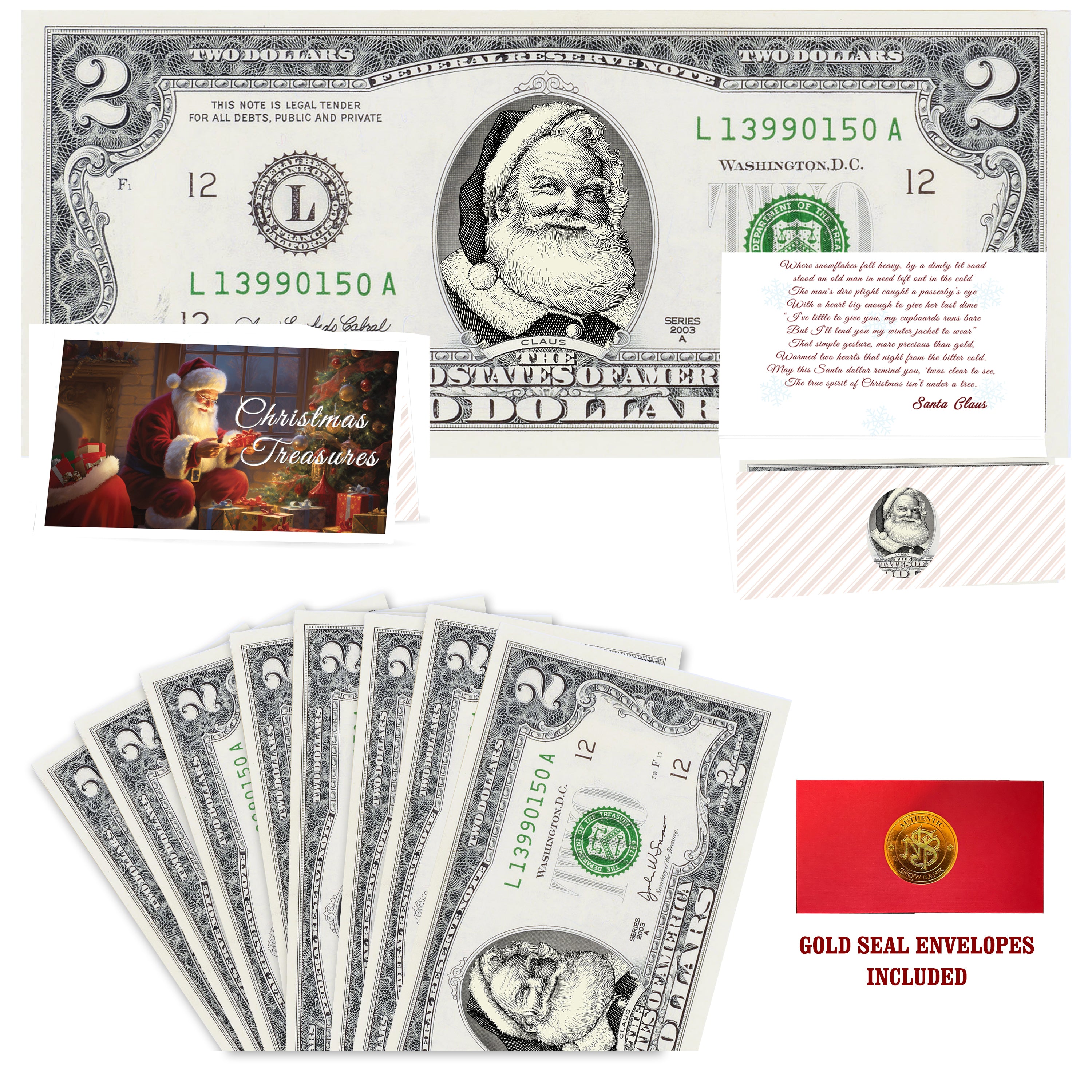Eight $2 Santa Dollars featuring Beard White as Snow Santa with Christmas Treasures folded Christmas cards and gold-seal envelopes.
