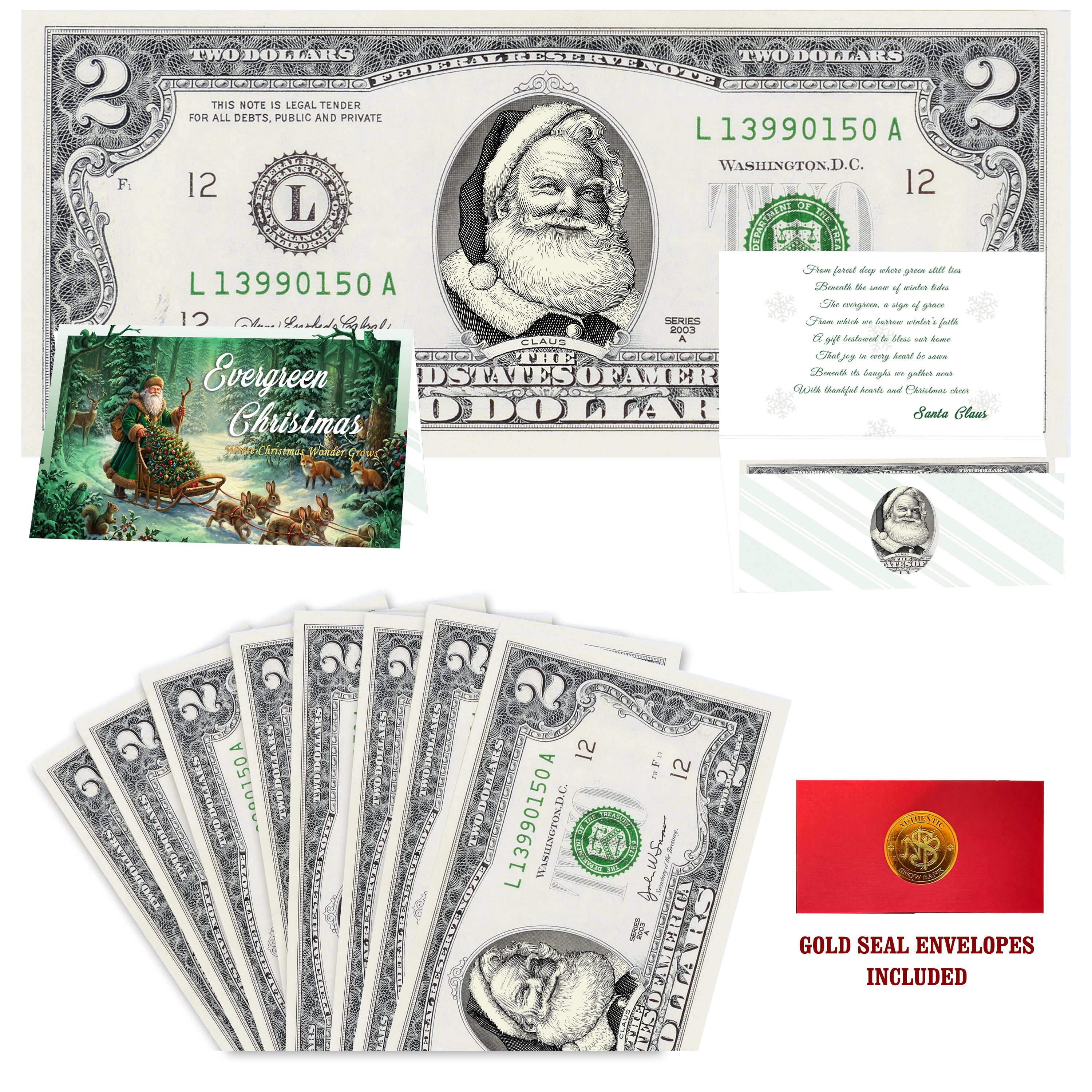 Eight $2 Santa Dollars featuring Beard White as Snow Santa with Evergreen Christmas folded Christmas cards and gold-seal envelopes.