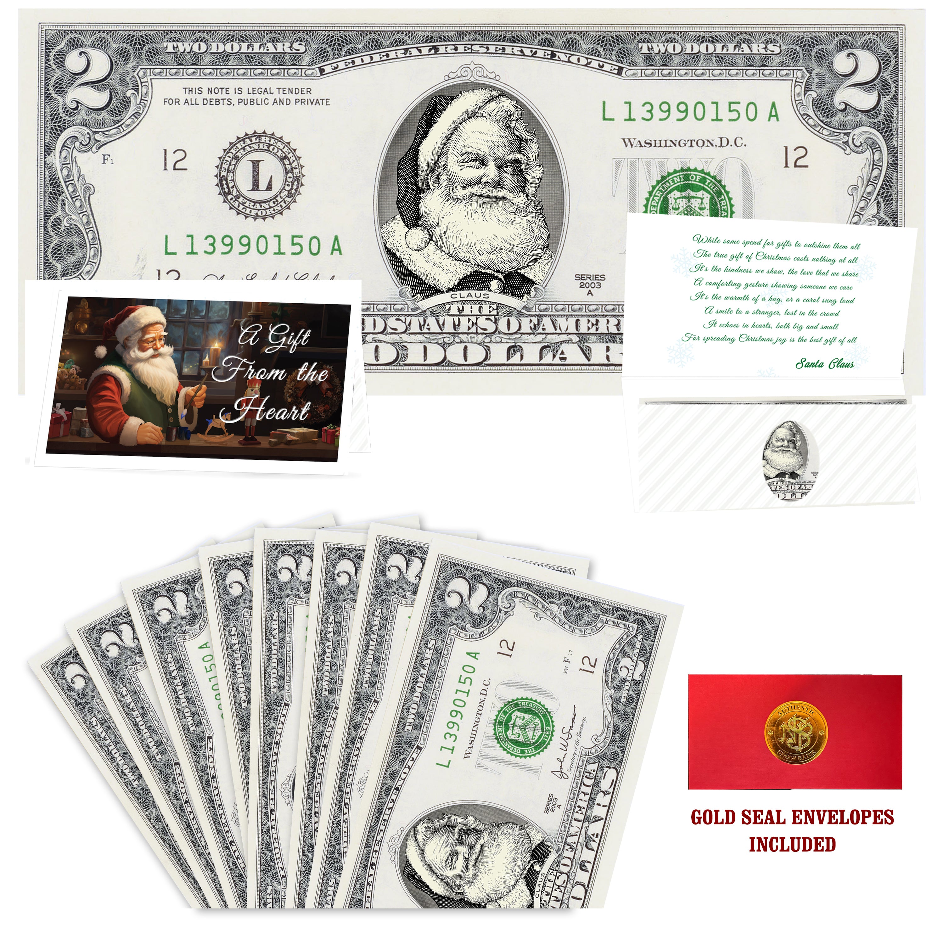 Eight $2 Santa Dollars featuring Beard White as Snow Santa with Gift From the Heart folded Christmas cards and gold-seal envelopes.