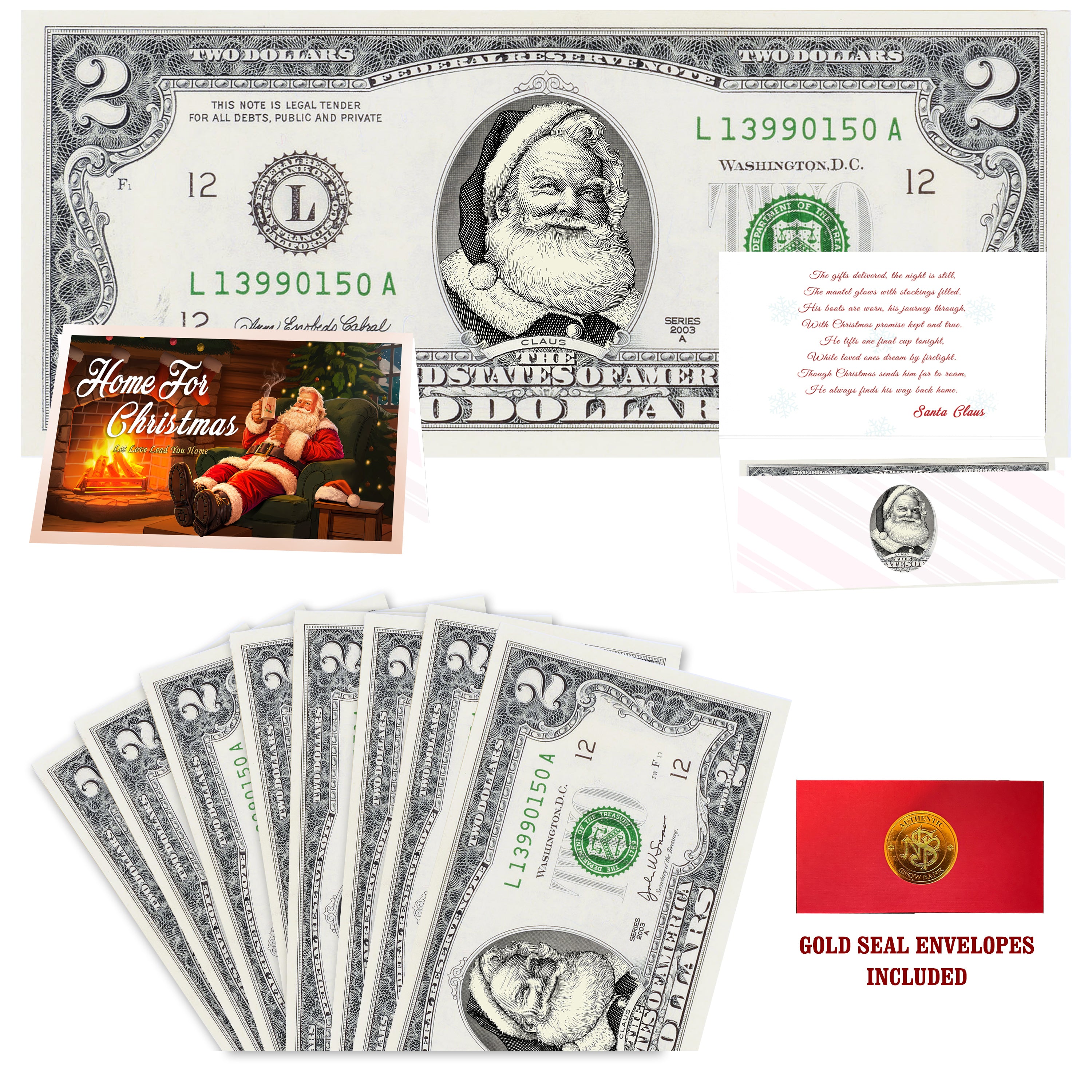 Eight $2 Santa Dollars featuring Beard White as Snow Santa with Home for Christmas folded Christmas cards and gold-seal envelopes.