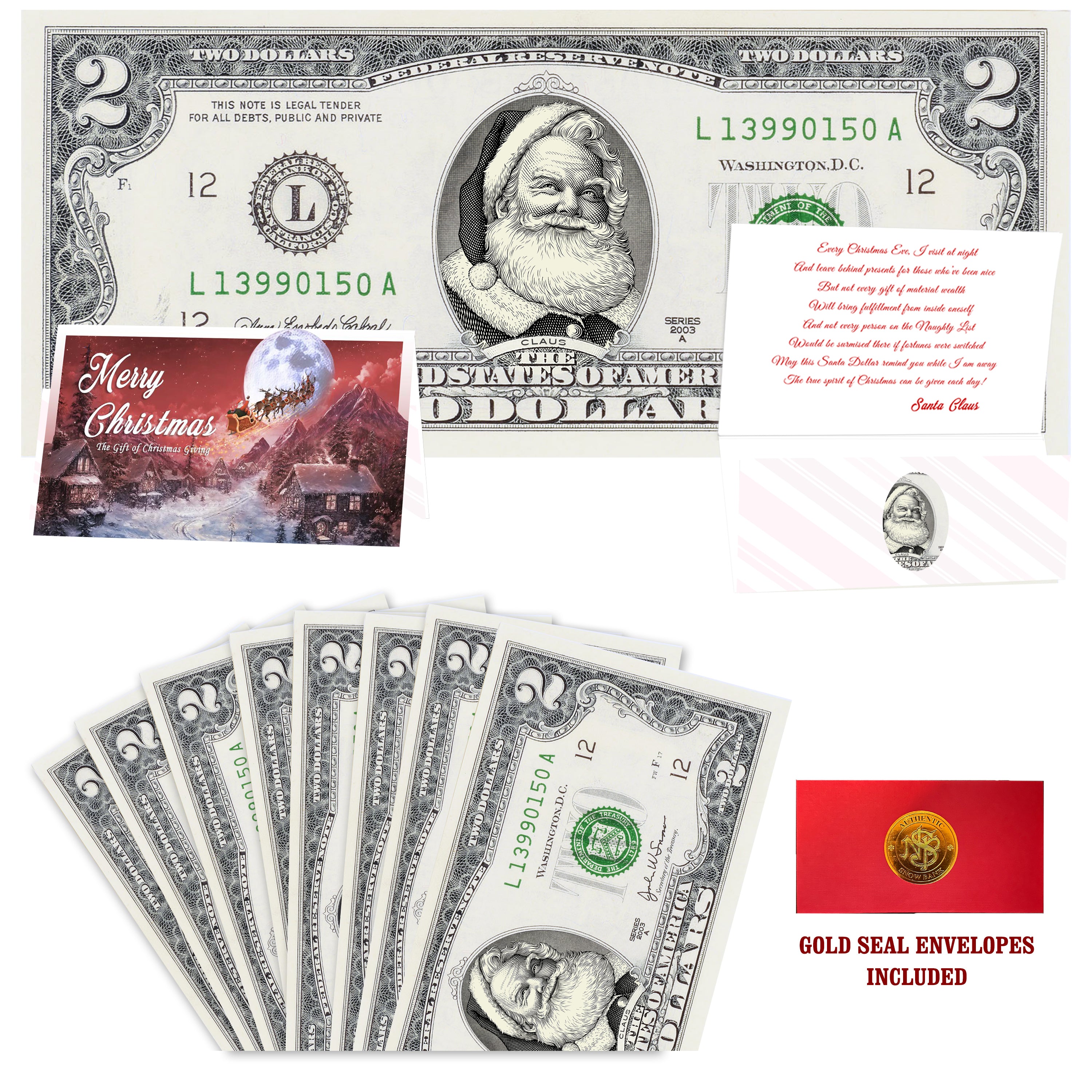 Eight $2 Santa Dollars featuring Beard White as Snow Santa with To All a Goodnight folded Christmas cards and gold-seal envelopes.