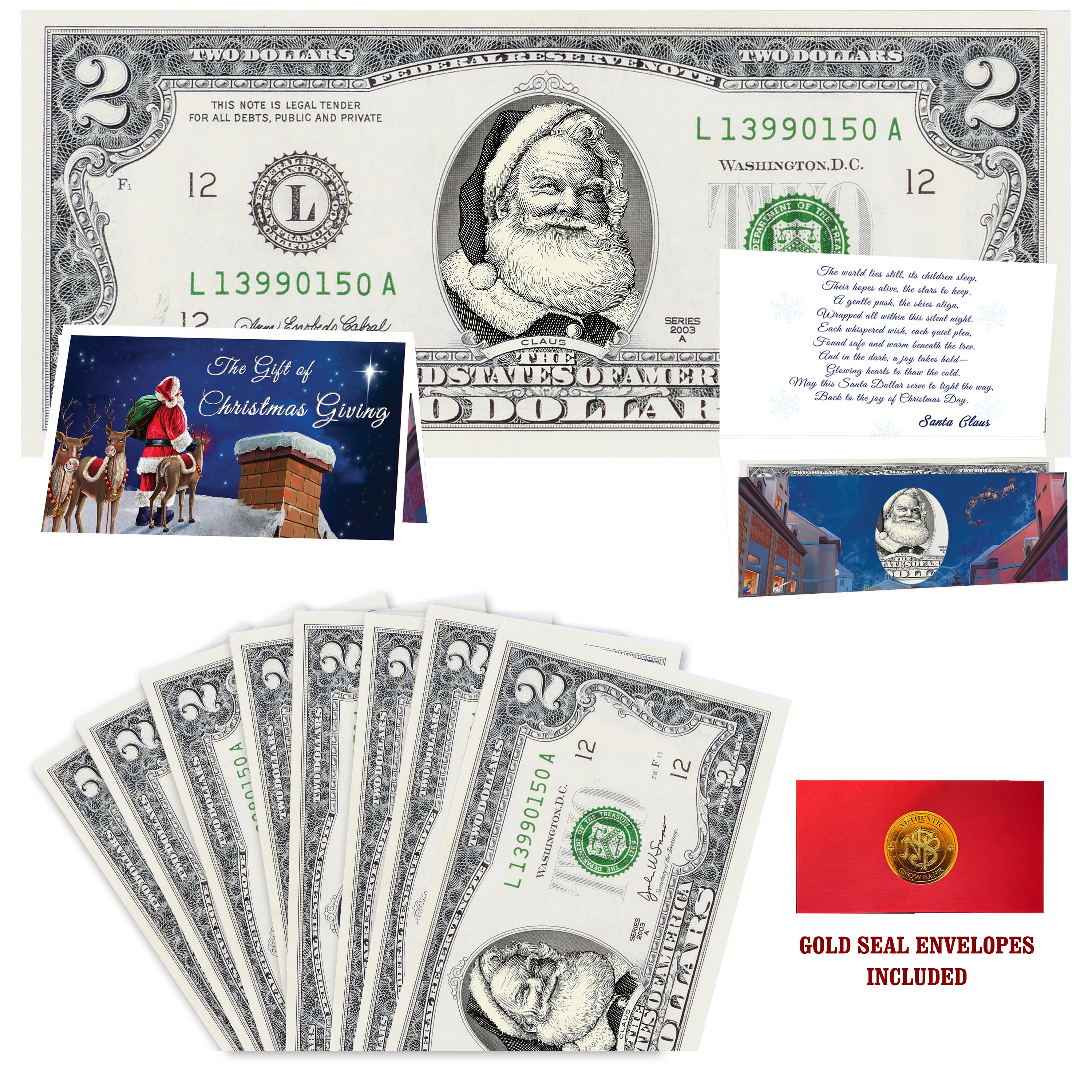 Eight $2 Santa Dollars featuring Beard White as Snow Santa with Reindeer on Rooftops folded Christmas cards and gold-seal envelopes.