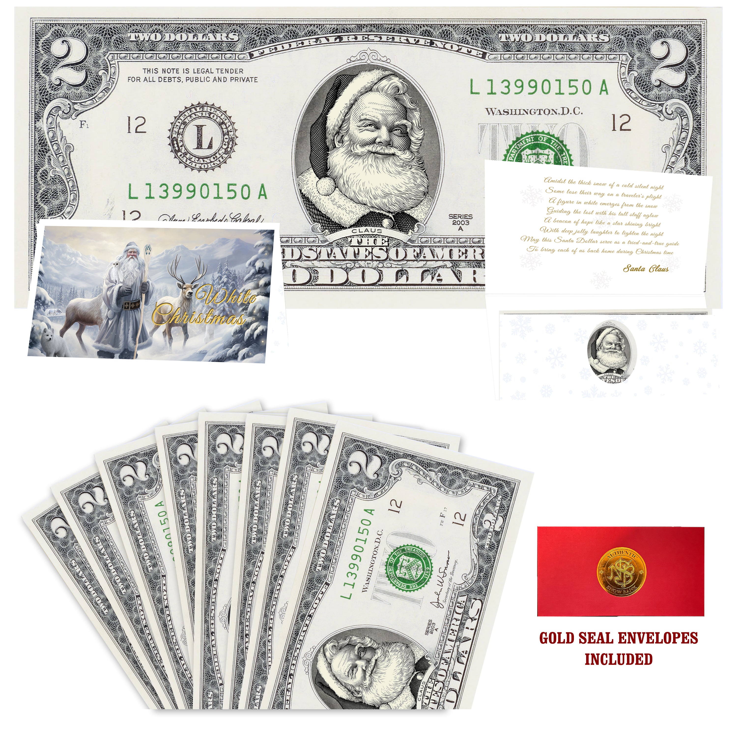 Eight $2 Santa Dollars featuring Beard White as Snow Santa with White Christmas folded Christmas cards and gold-seal envelopes.