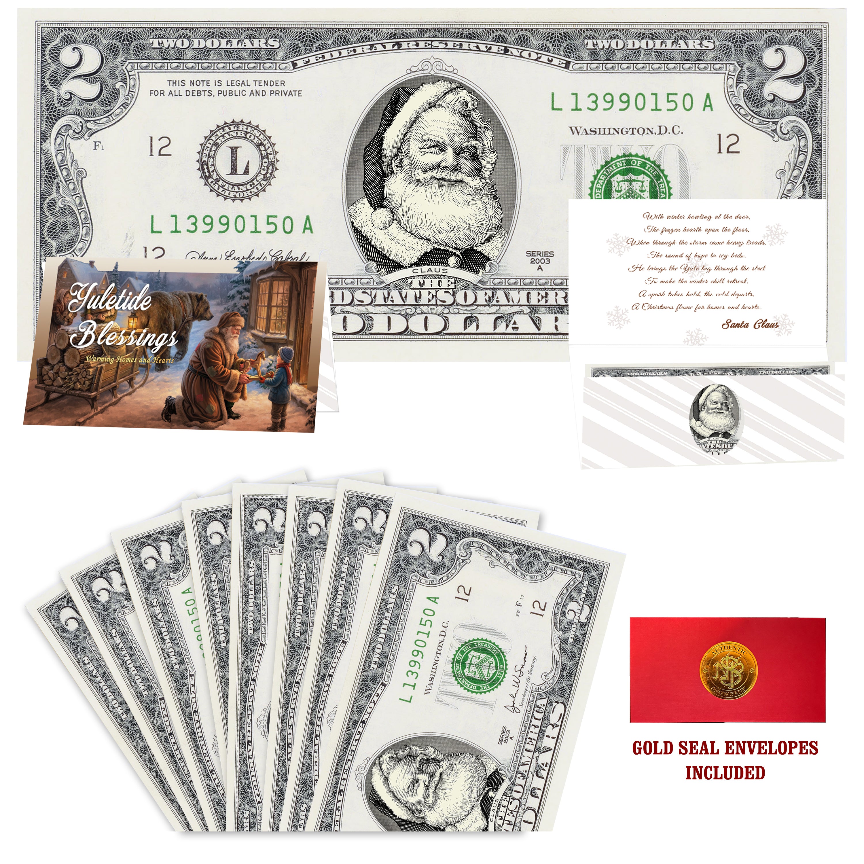 Eight $2 Santa Dollars featuring Beard White as Snow Santa with Yuletide Blessings folded Christmas cards and gold-seal envelopes.