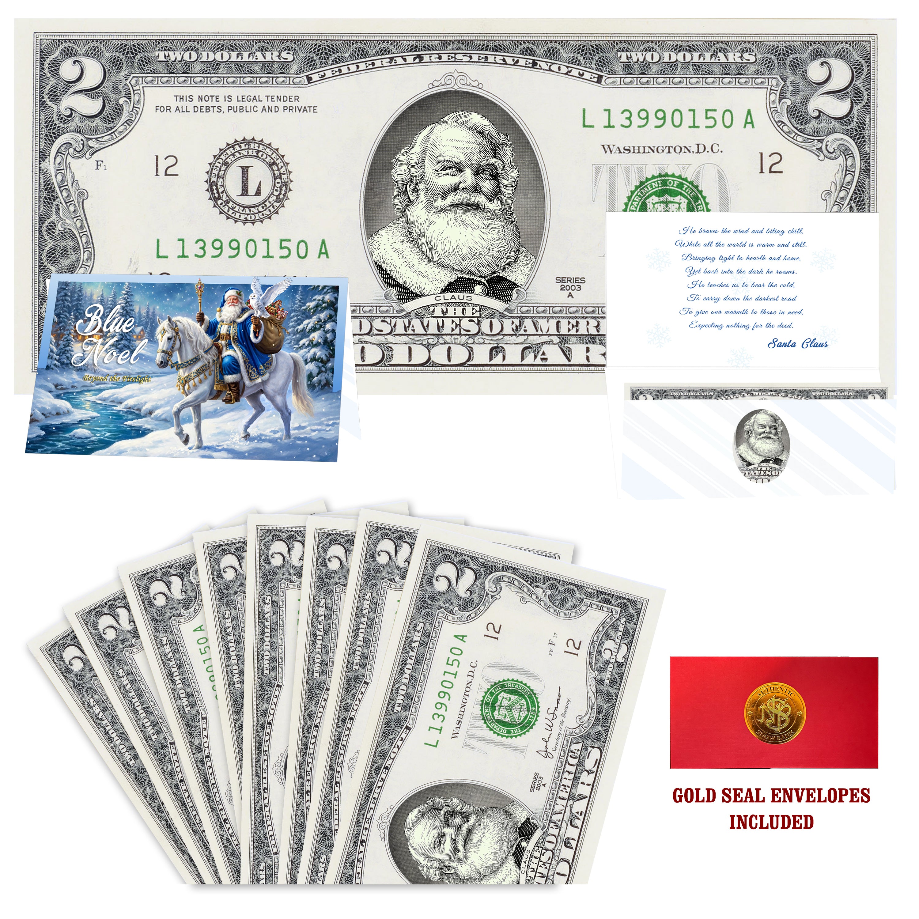 Eight $2 Santa Dollars featuring Cola Santa with Blue Noel folded Christmas cards and gold-seal envelopes.