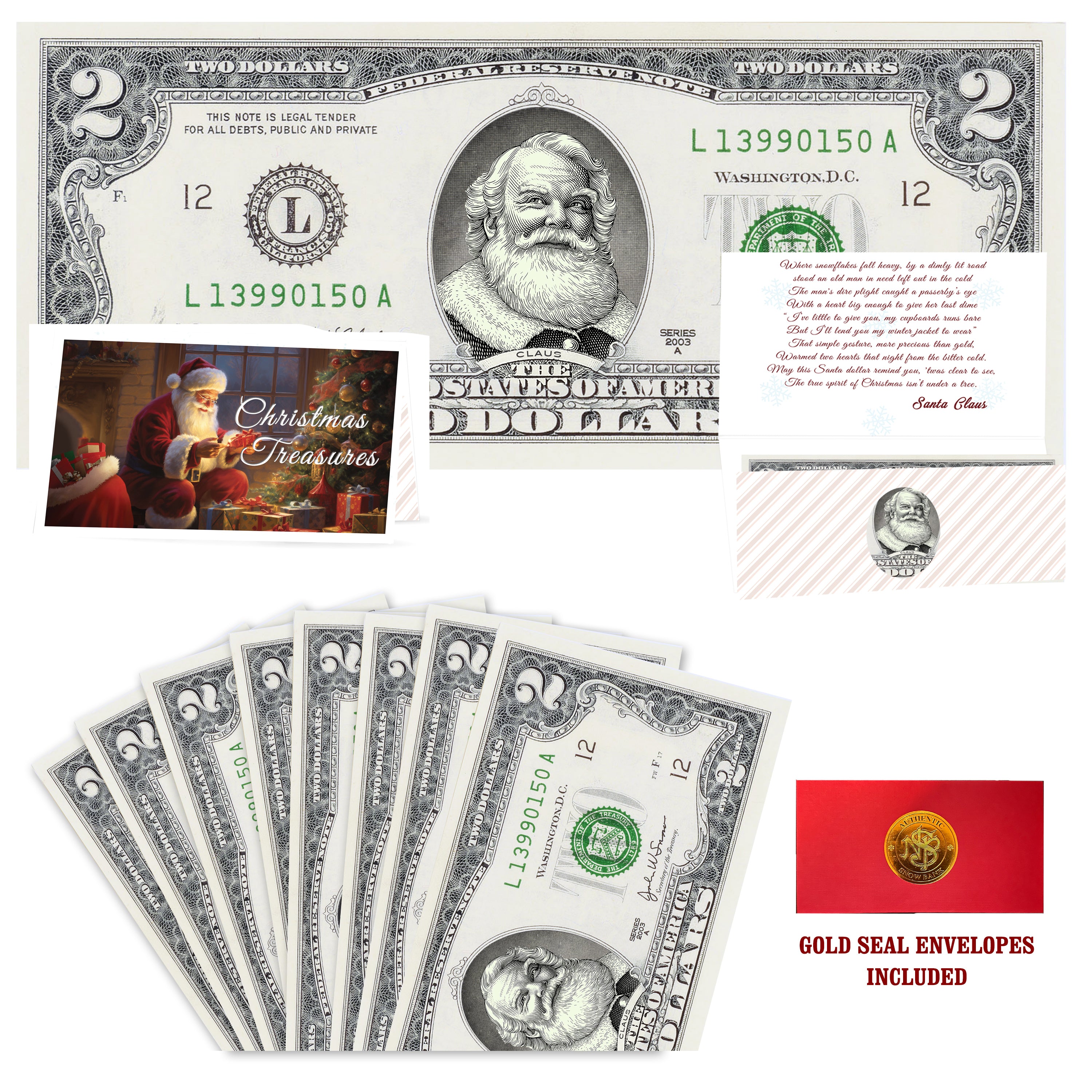 Eight $2 Santa Dollars featuring Cola Santa with Christmas Treasures folded Christmas cards and gold-seal envelopes.