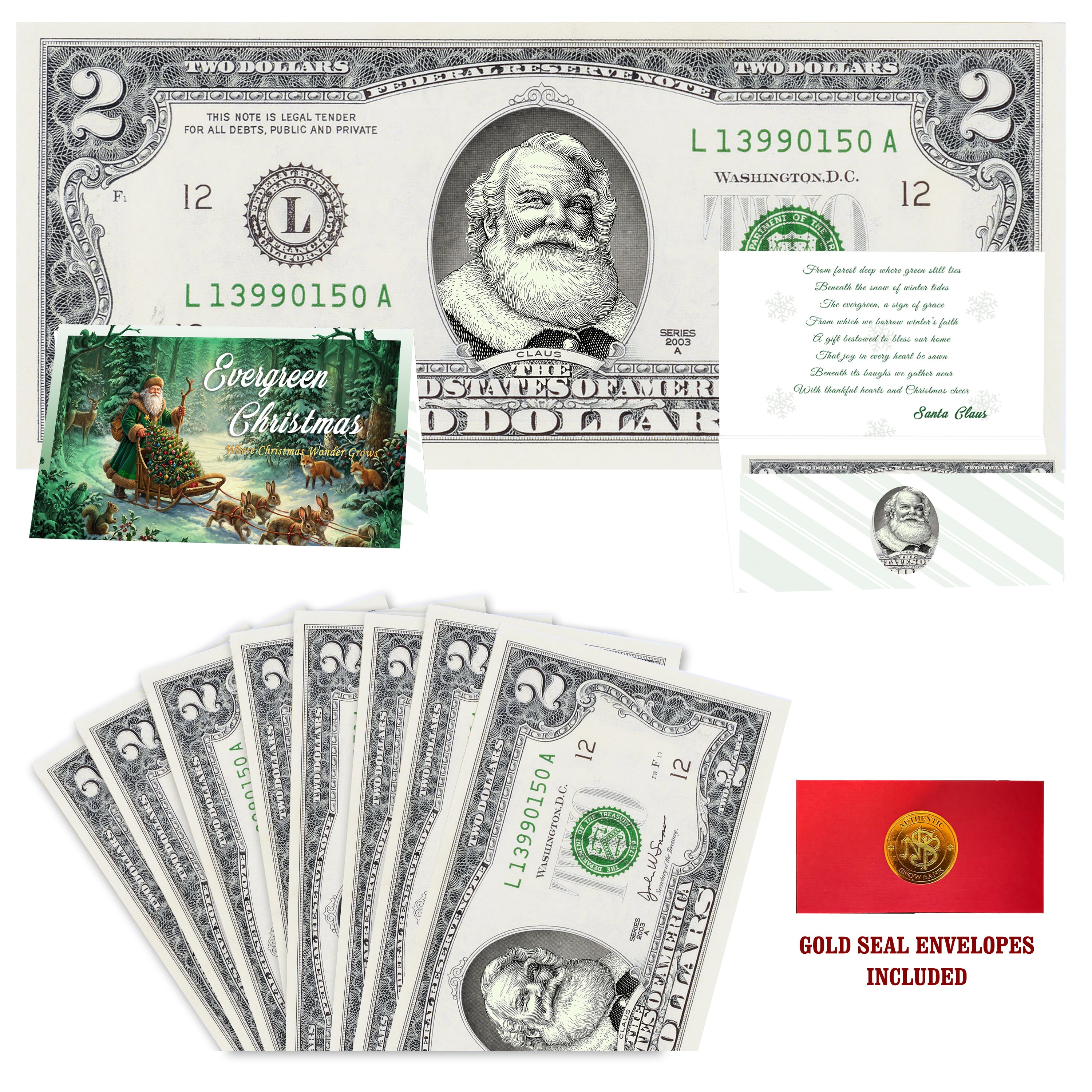 Eight $2 Santa Dollars featuring Cola Santa with Evergreen Christmas folded Christmas cards and gold-seal envelopes.
