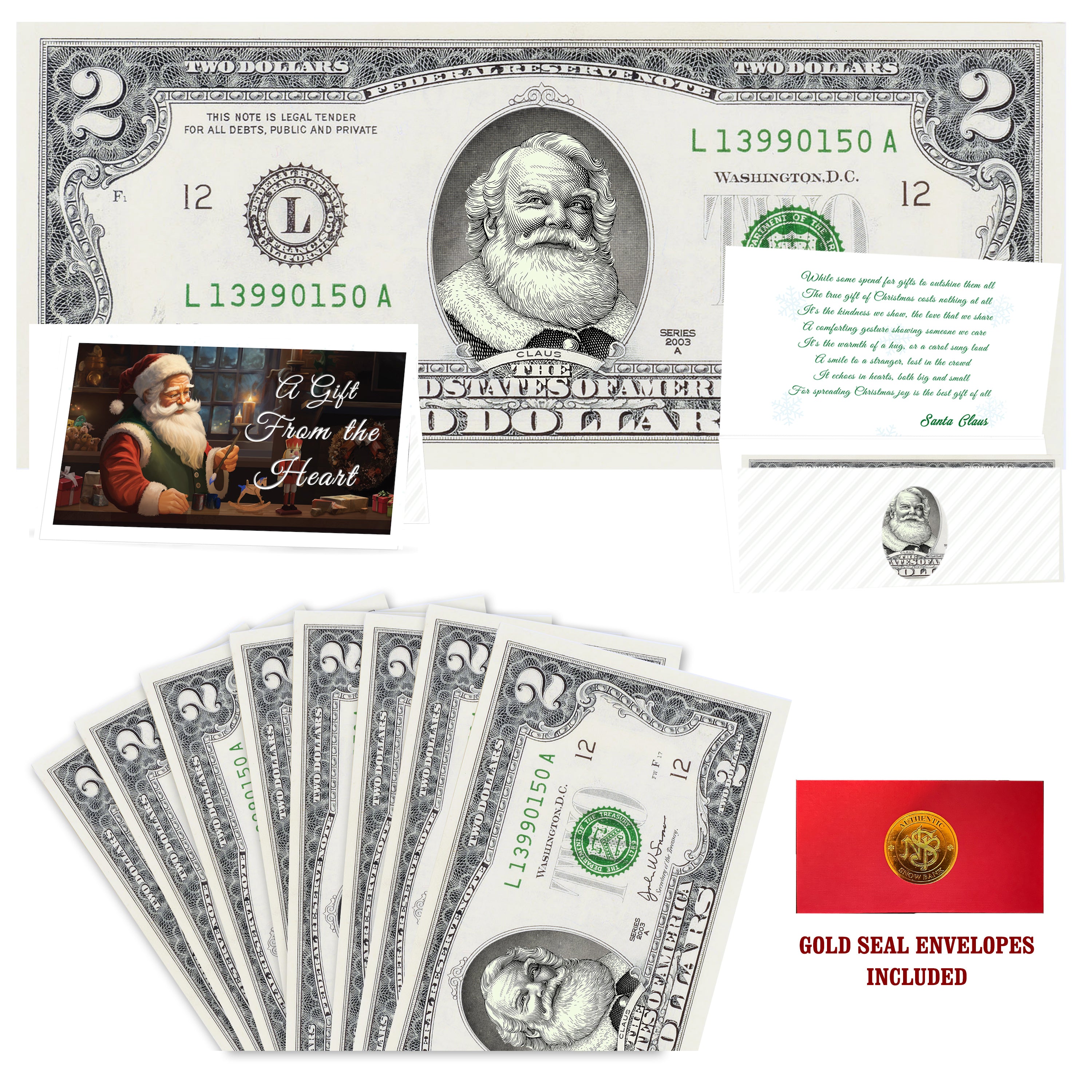Eight $2 Santa Dollars featuring Cola Santa with Gift From the Heart folded Christmas cards and gold-seal envelopes.