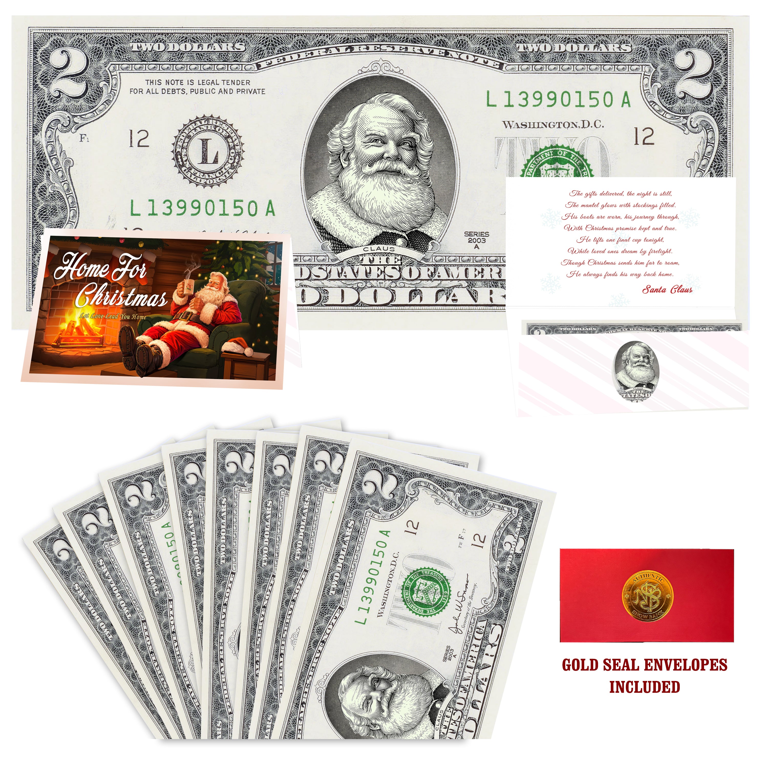 Eight $2 Santa Dollars featuring Cola Santa with Home for Christmas folded Christmas cards and gold-seal envelopes.