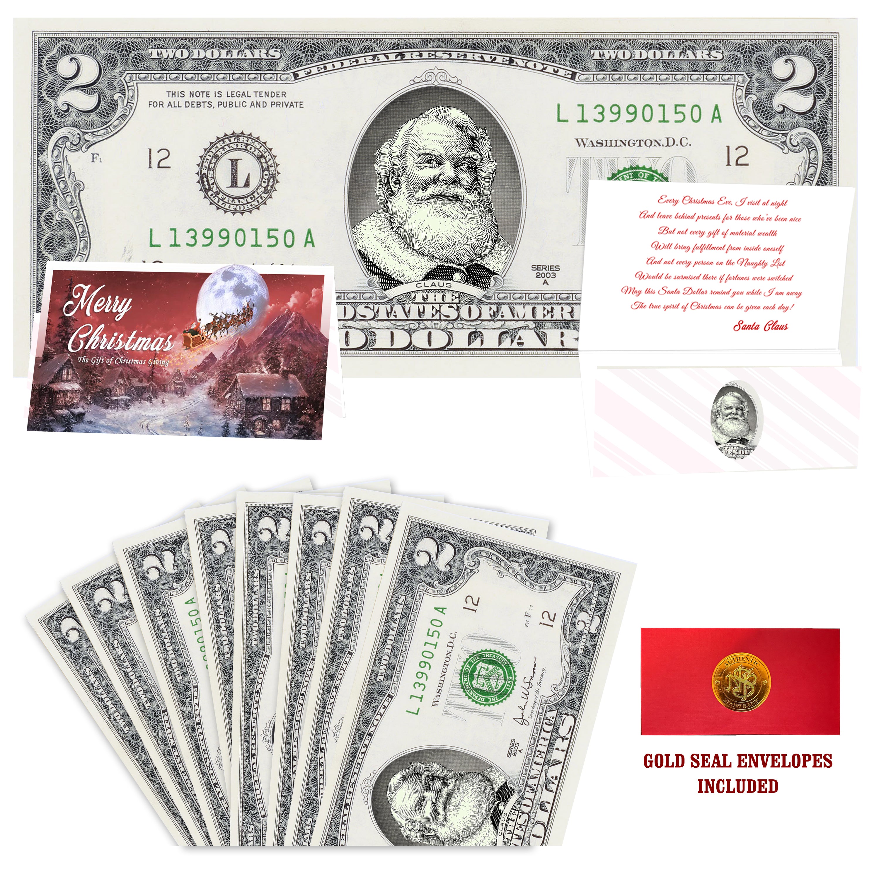 Eight $2 Santa Dollars featuring Cola Santa with To All a Goodnight folded Christmas cards and gold-seal envelopes.