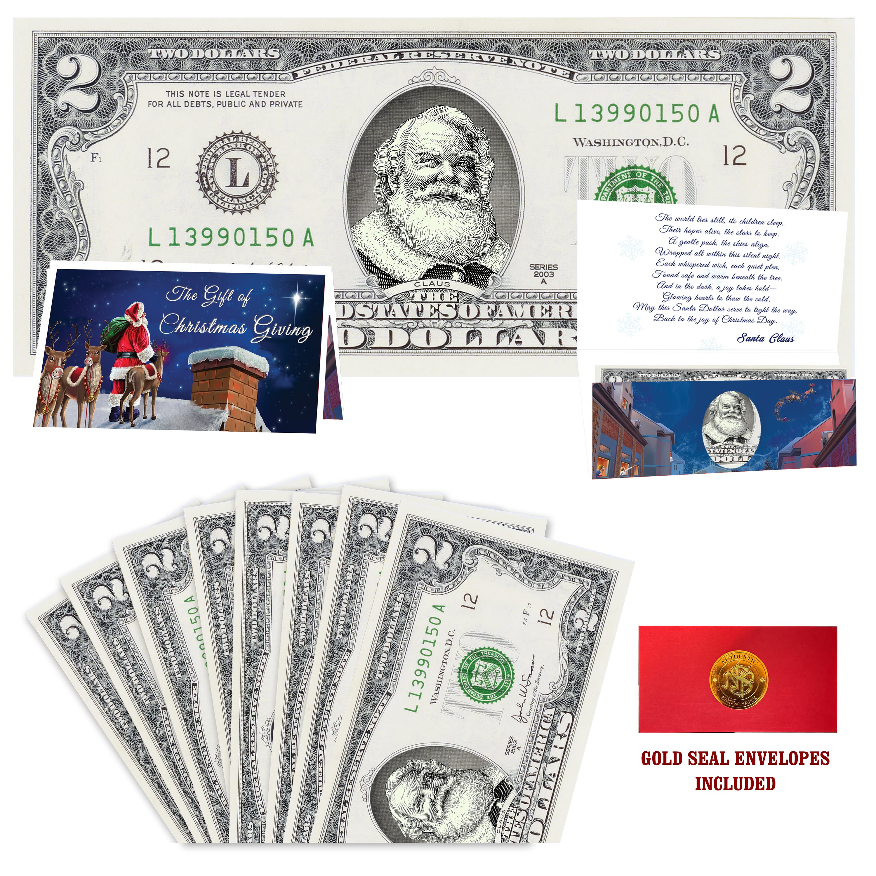 Eight $2 Santa Dollars featuring Cola Santa with Reindeer on Rooftops folded Christmas cards and gold-seal envelopes.