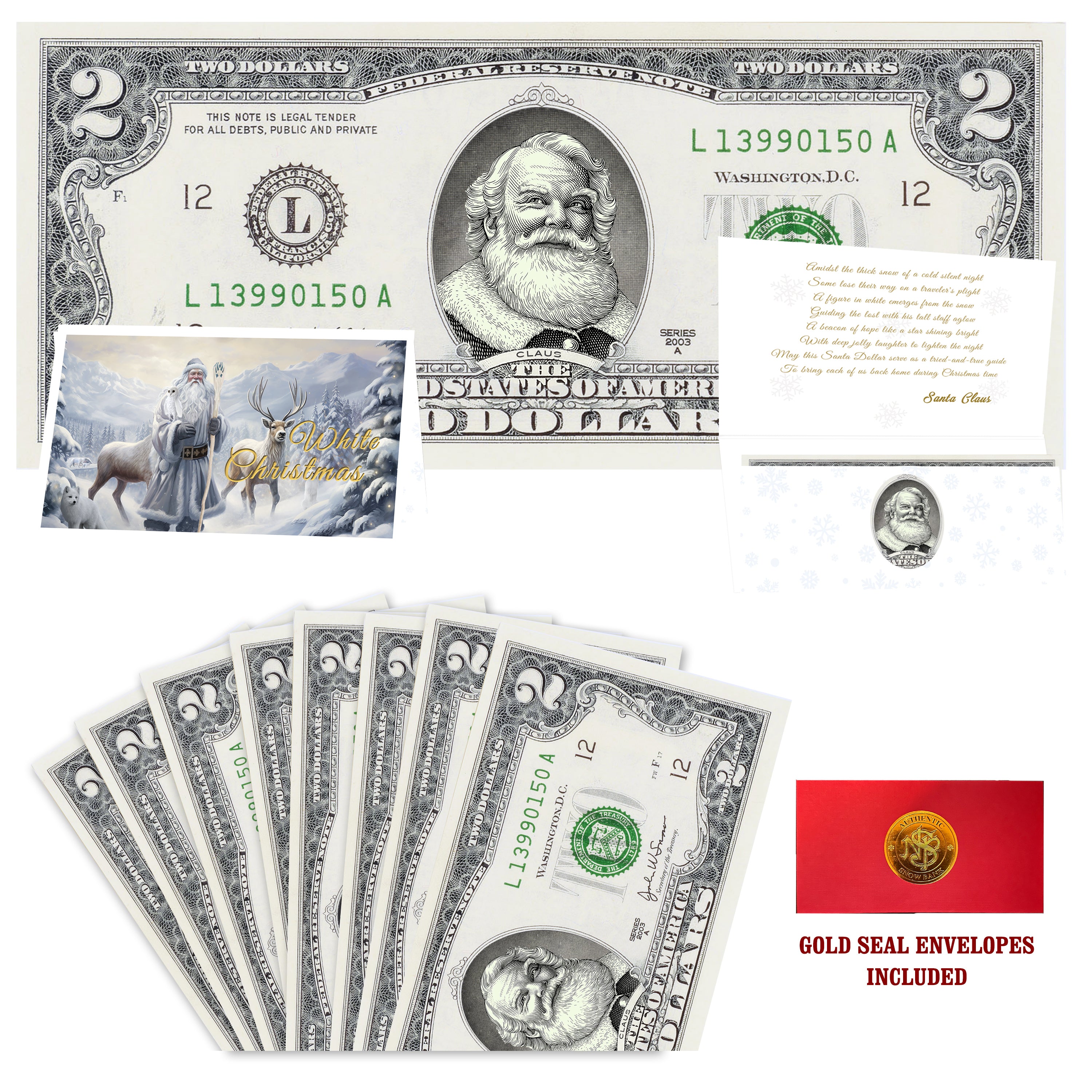 Eight $2 Santa Dollars featuring Cola Santa with White Christmas folded Christmas cards and gold-seal envelopes.