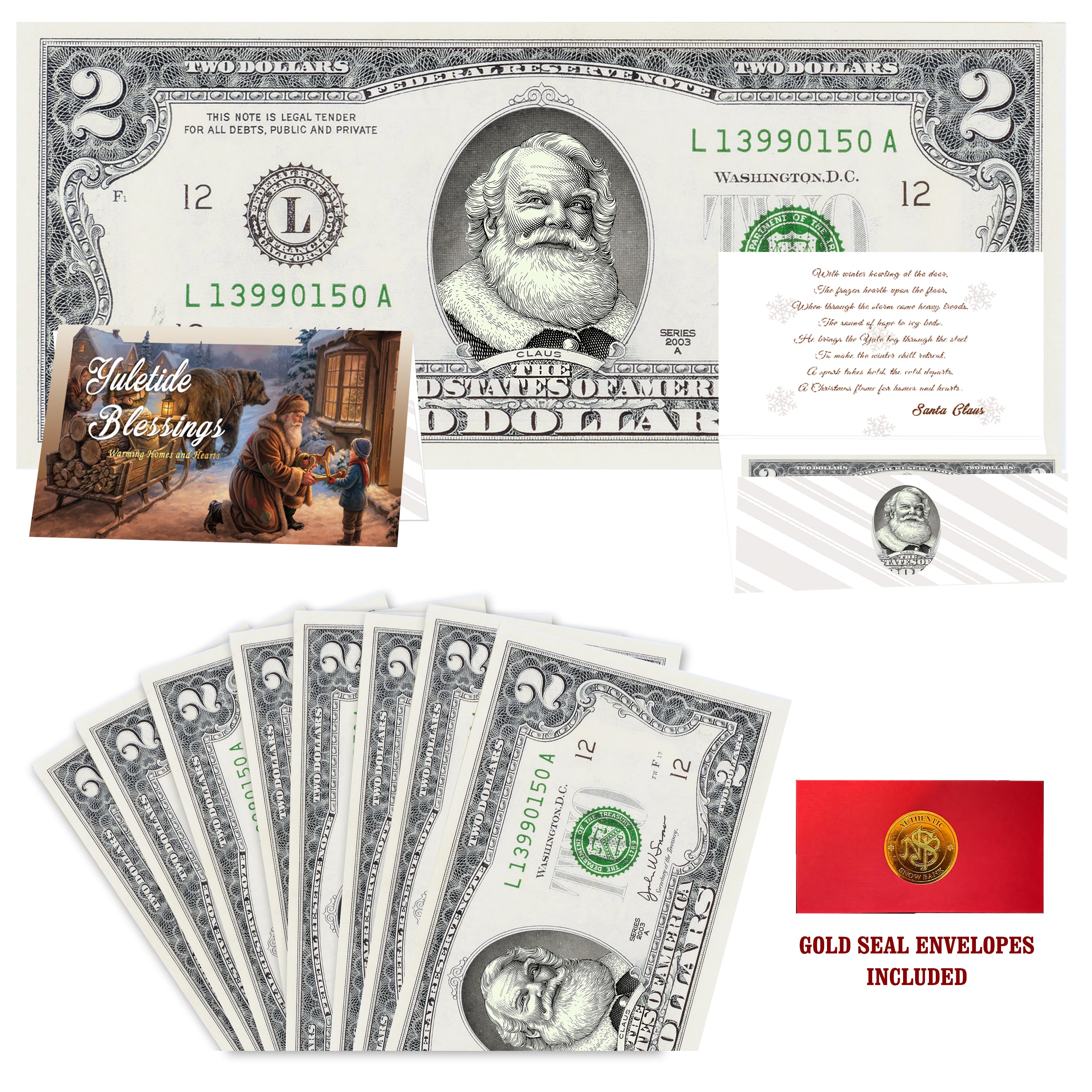 Eight $2 Santa Dollars featuring Cola Santa with Yuletide Blessings folded Christmas cards and gold-seal envelopes.