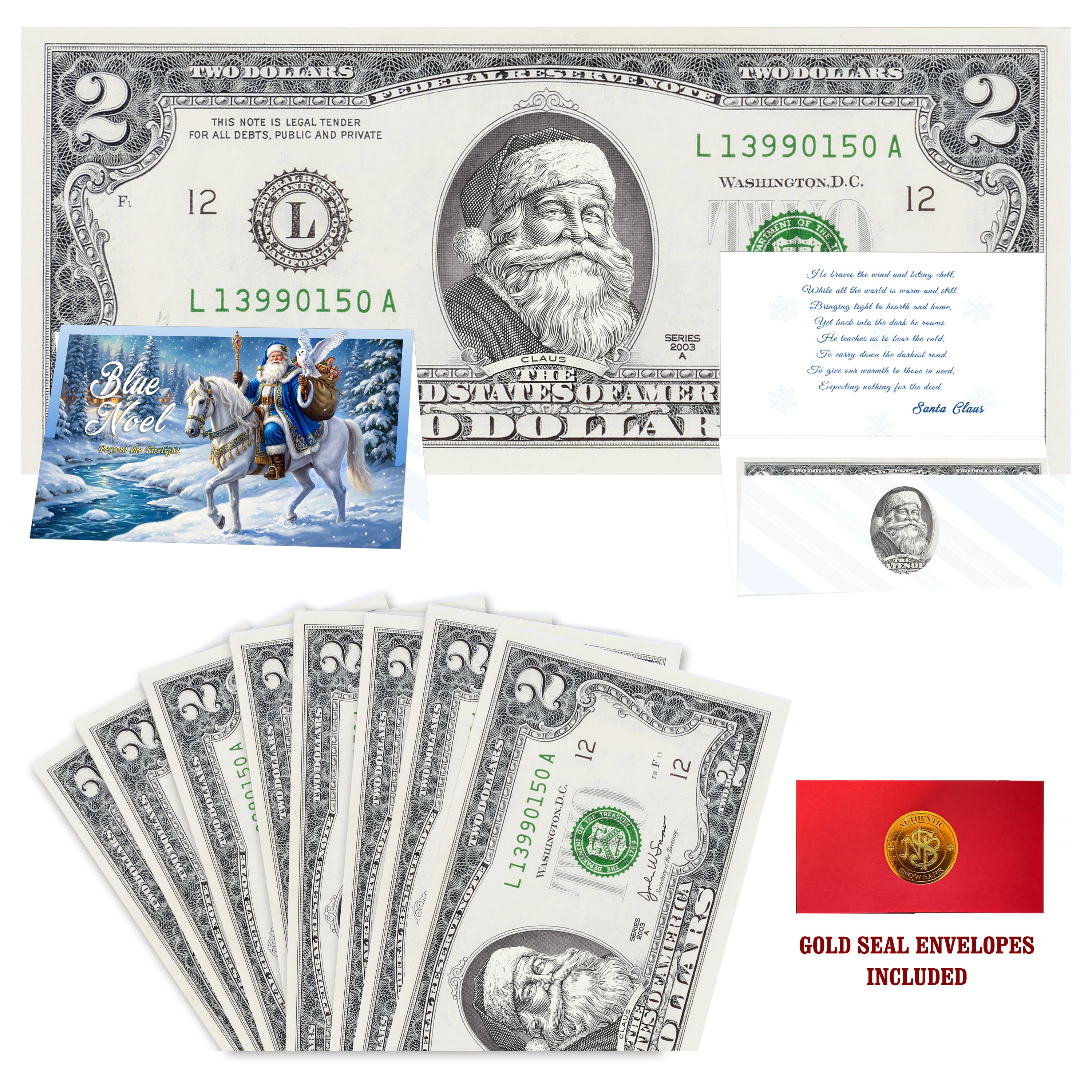 Eight $2 Santa Dollars featuring Red Rosy Cheeks Santa with Blue Noel folded Christmas cards and gold-seal envelopes.