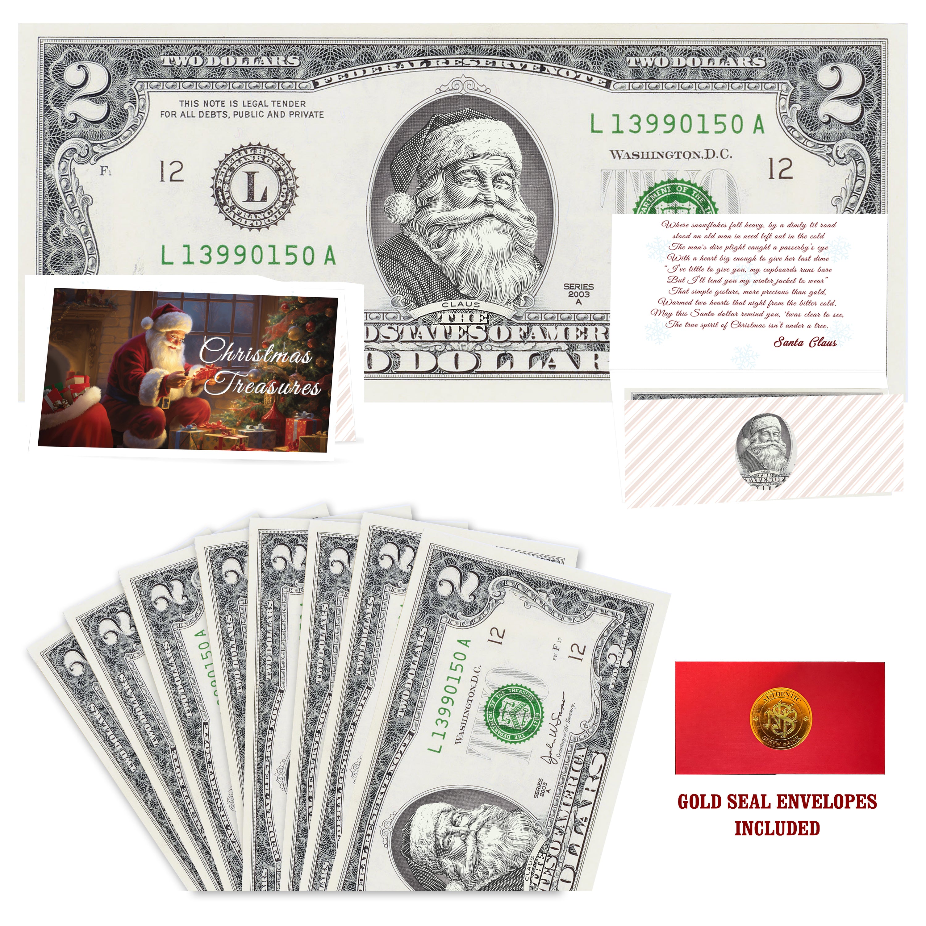 Eight $2 Santa Dollars featuring Red Rosy Cheeks Santa with Christmas Treasures folded Christmas cards and gold-seal envelopes.