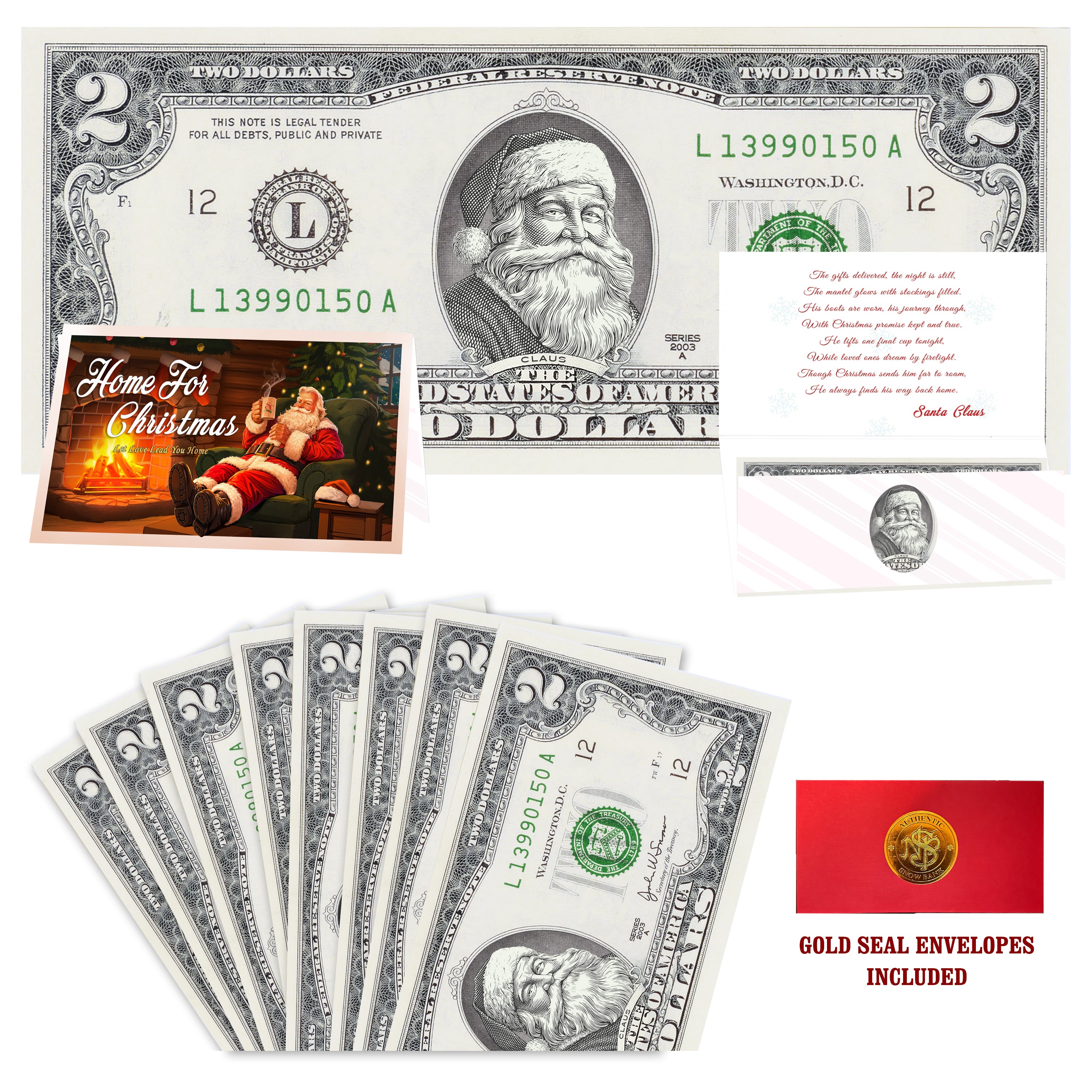 Eight $2 Santa Dollars featuring Red Rosy Cheeks Santa with Home for Christmas folded Christmas cards and gold-seal envelopes.