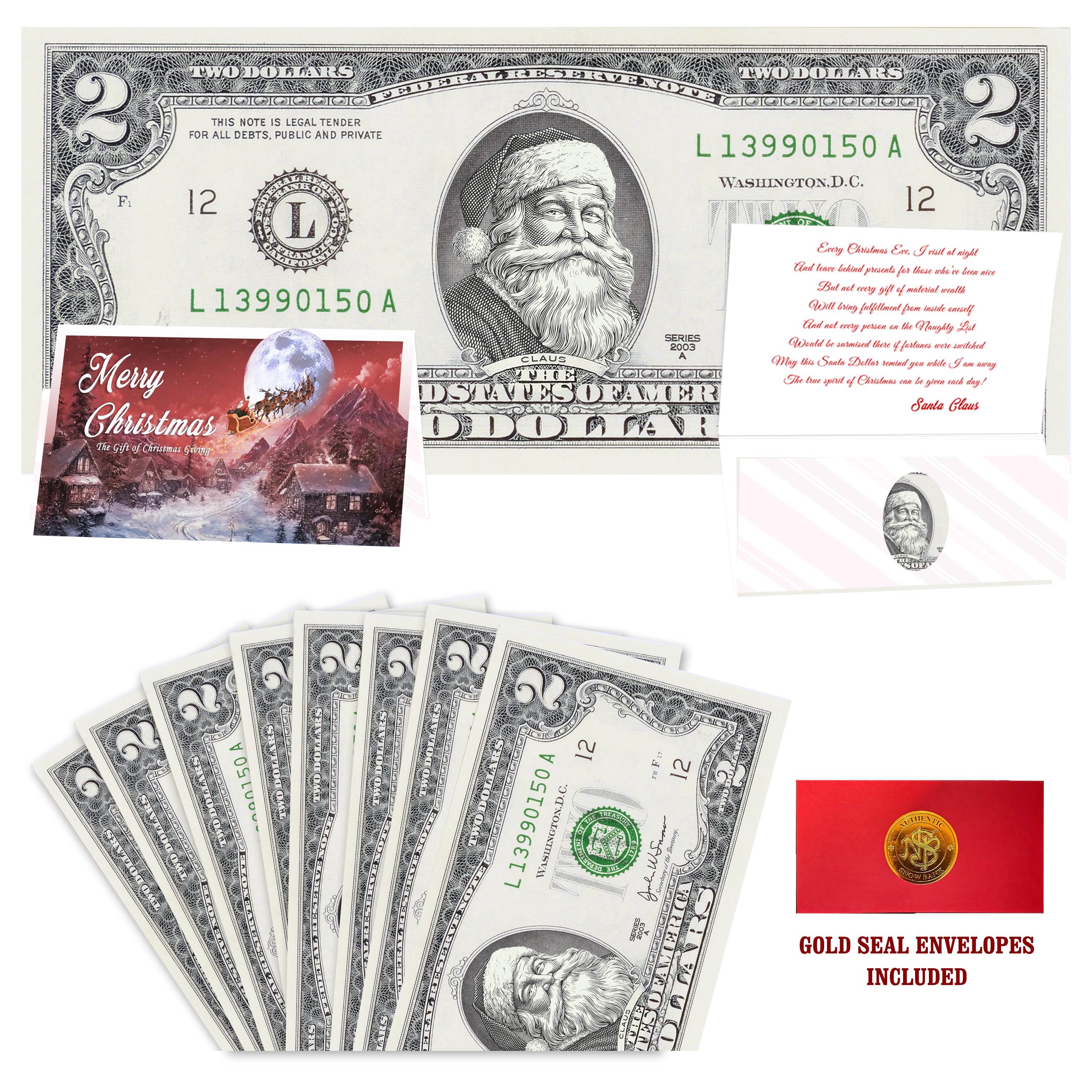 Eight $2 Santa Dollars featuring Red Rosy Cheeks Santa with To All a Goodnight folded Christmas cards and gold-seal envelopes.