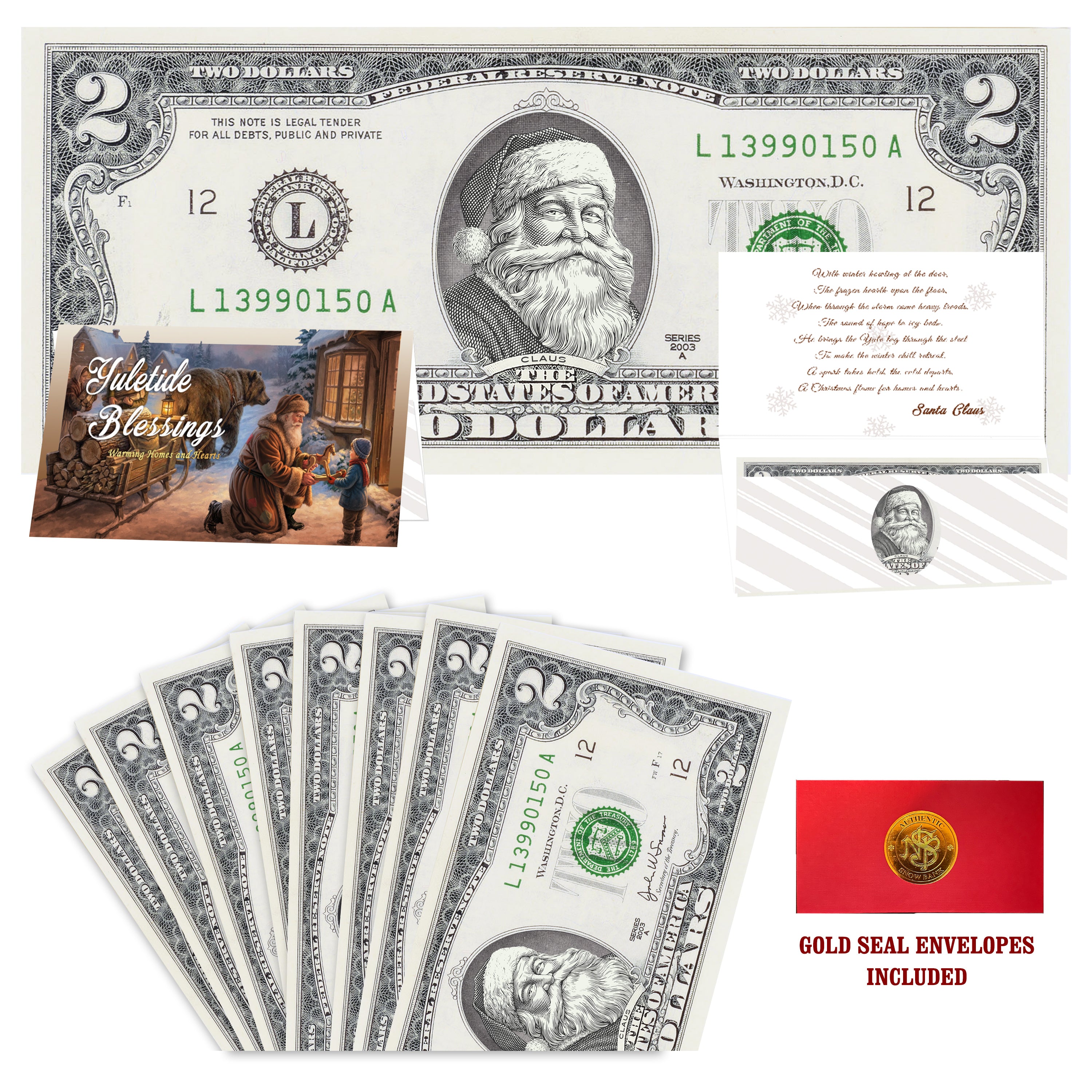 Eight $2 Santa Dollars featuring Red Rosy Cheeks Santa with Yuletide Blessings folded Christmas cards and gold-seal envelopes.