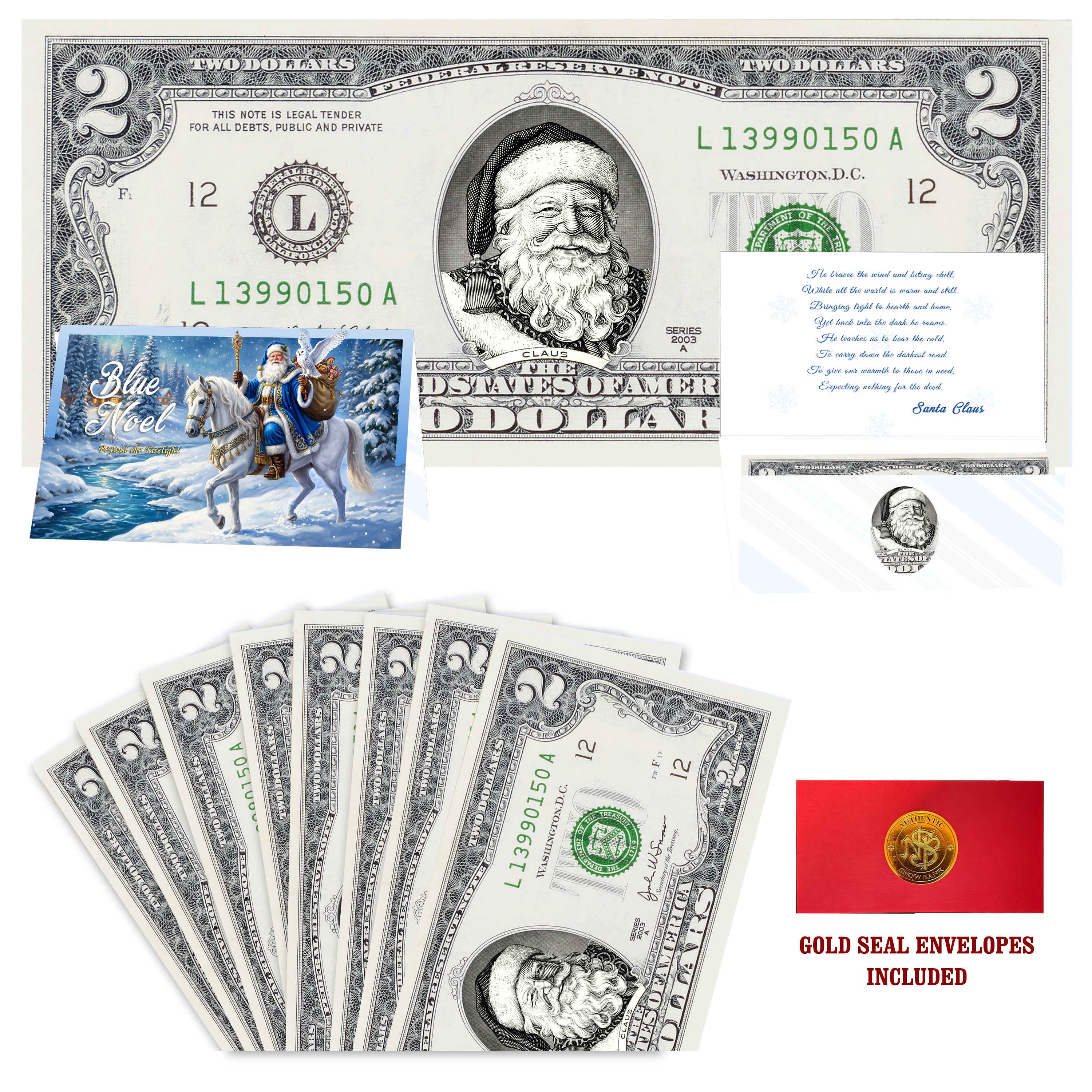 Eight $2 Santa Dollars featuring Victorian Santa with Blue Noel folded Christmas cards and gold-seal envelopes.