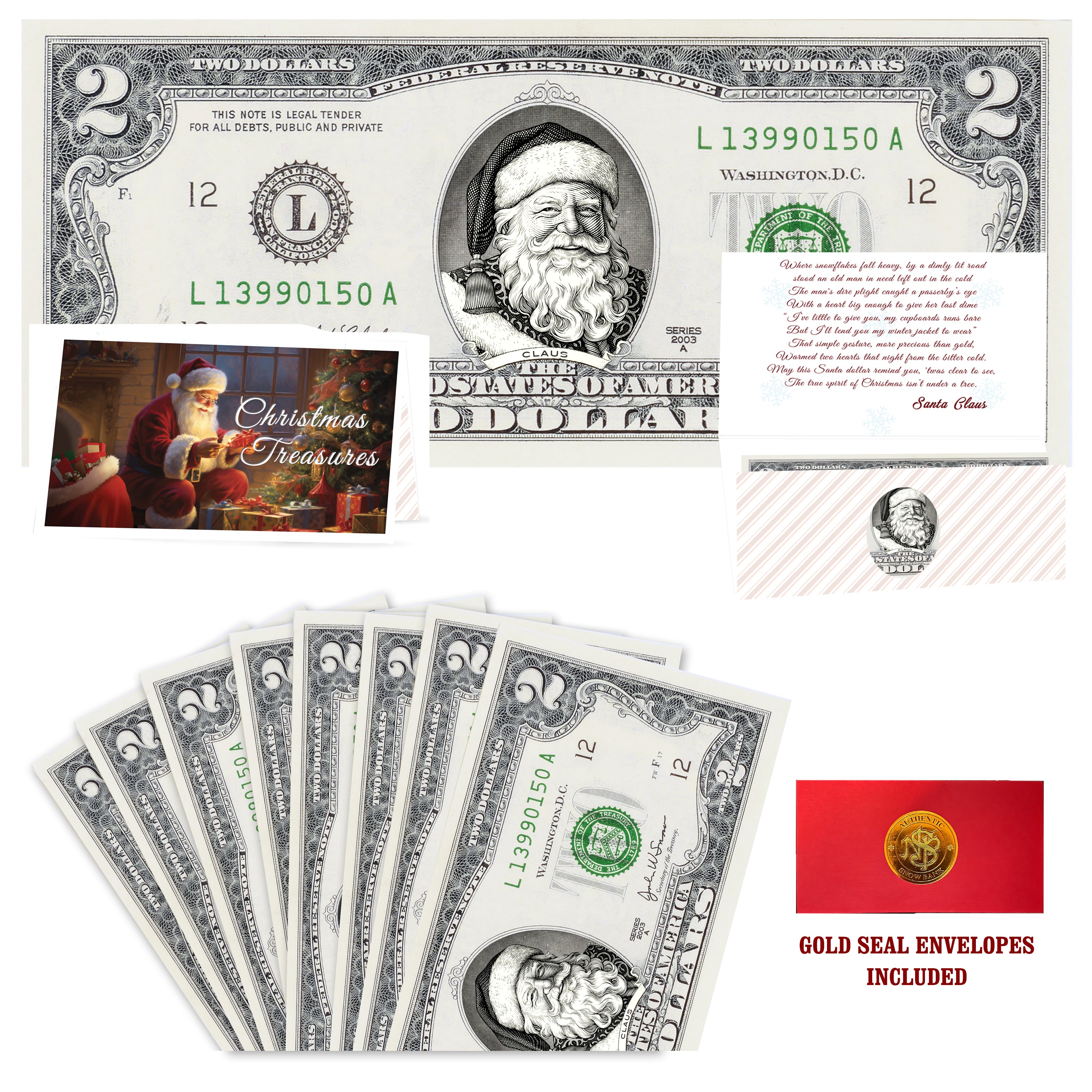 Eight $2 Santa Dollars featuring Victorian Santa with Christmas Treasures folded Christmas cards and gold-seal envelopes.