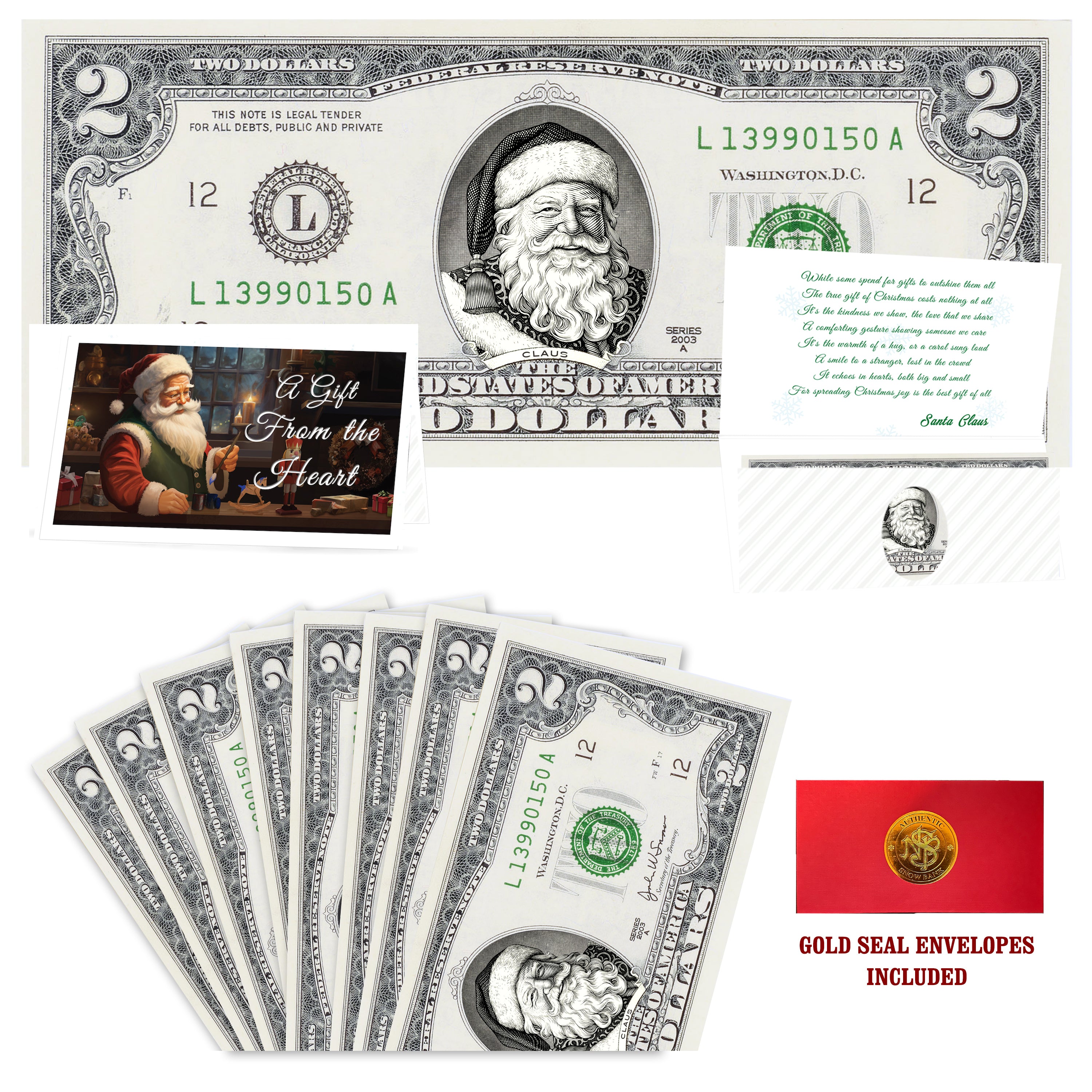Eight $2 Santa Dollars featuring Victorian Santa with Gift From the Heart folded Christmas cards and gold-seal envelopes.