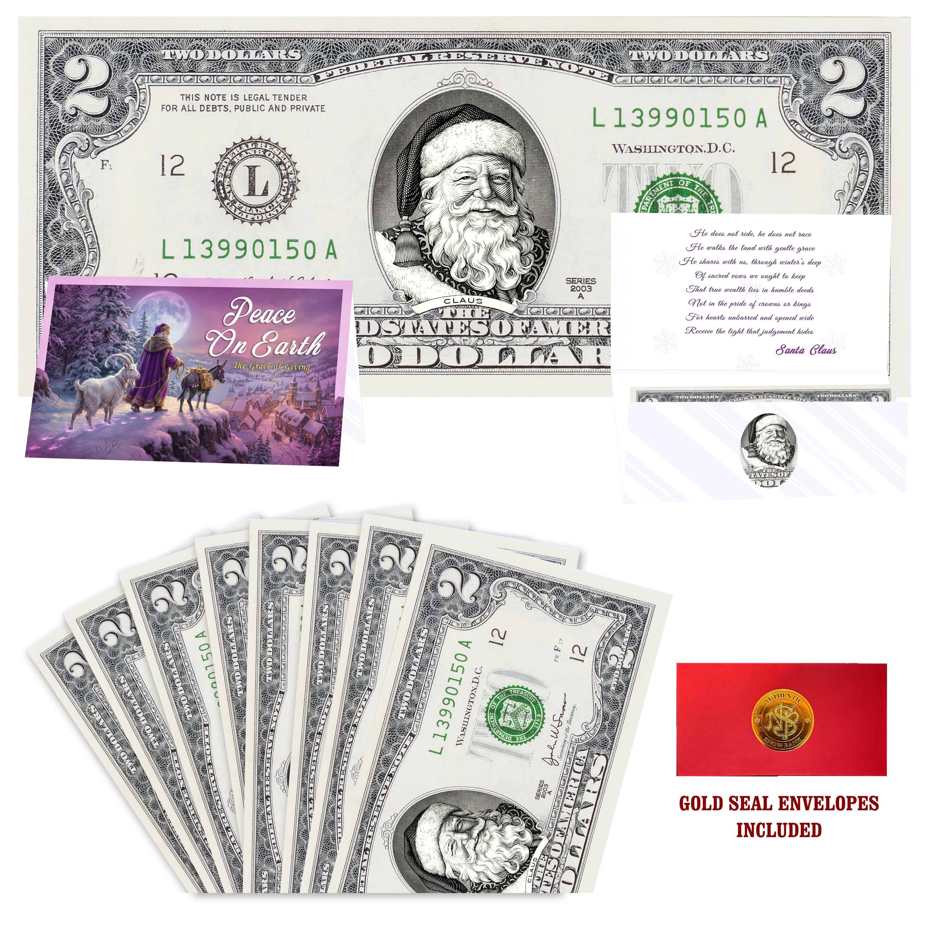 Eight $2 Santa Dollars featuring Victorian Santa with Peace on Earth folded Christmas cards and gold-seal envelopes.