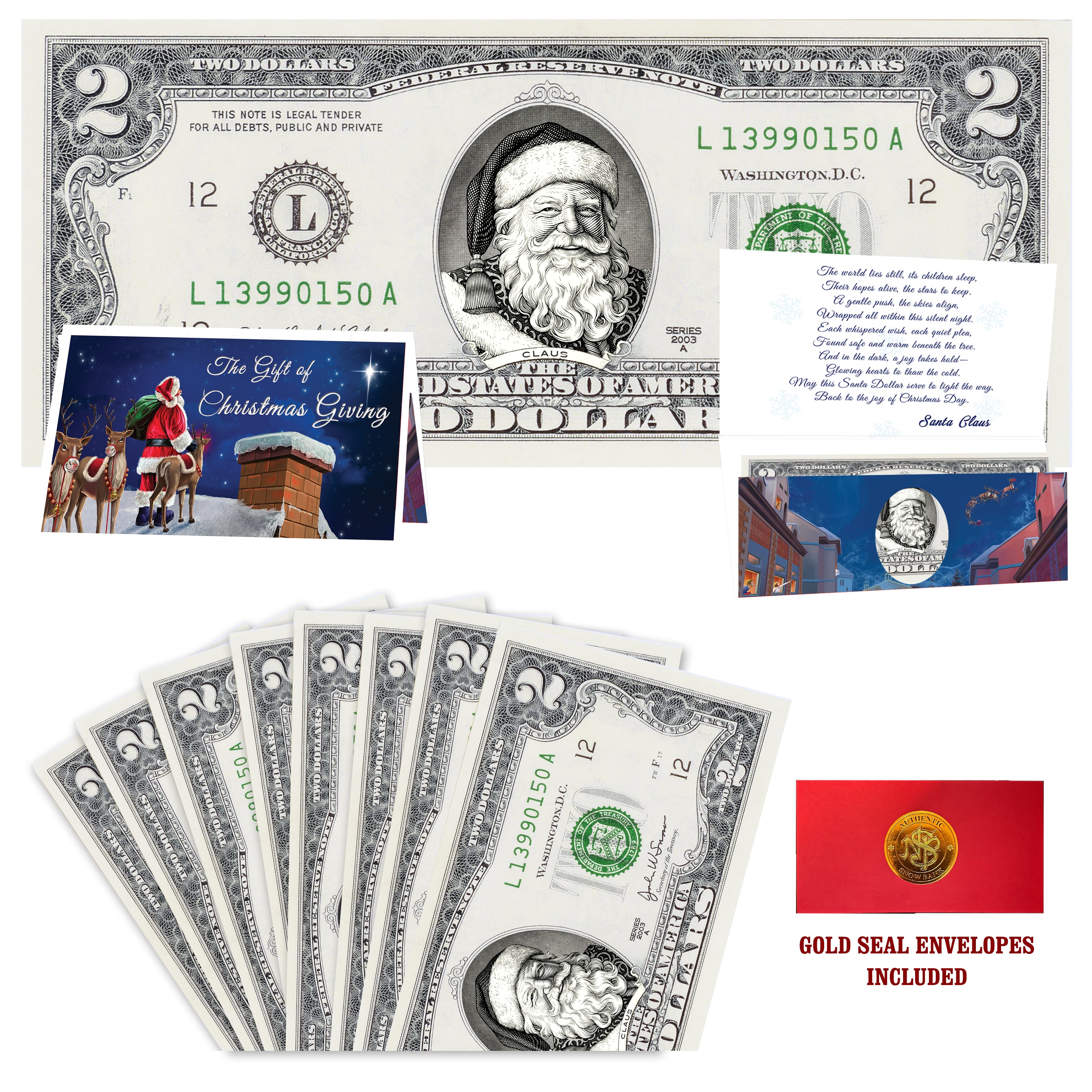 Eight $2 Santa Dollars featuring Victorian Santa with Reindeer on Rooftops folded Christmas cards and gold-seal envelopes.