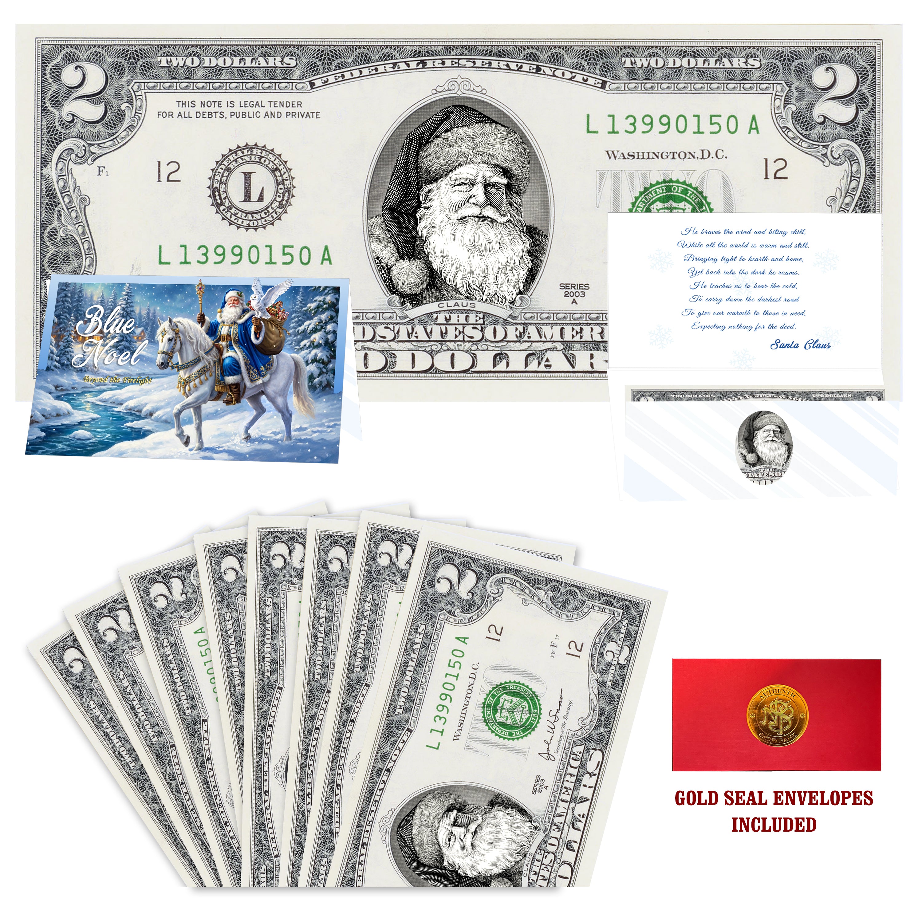 Eight $2 Santa Dollars featuring Father Christmas with Blue Noel folded Christmas cards and gold-seal envelopes.