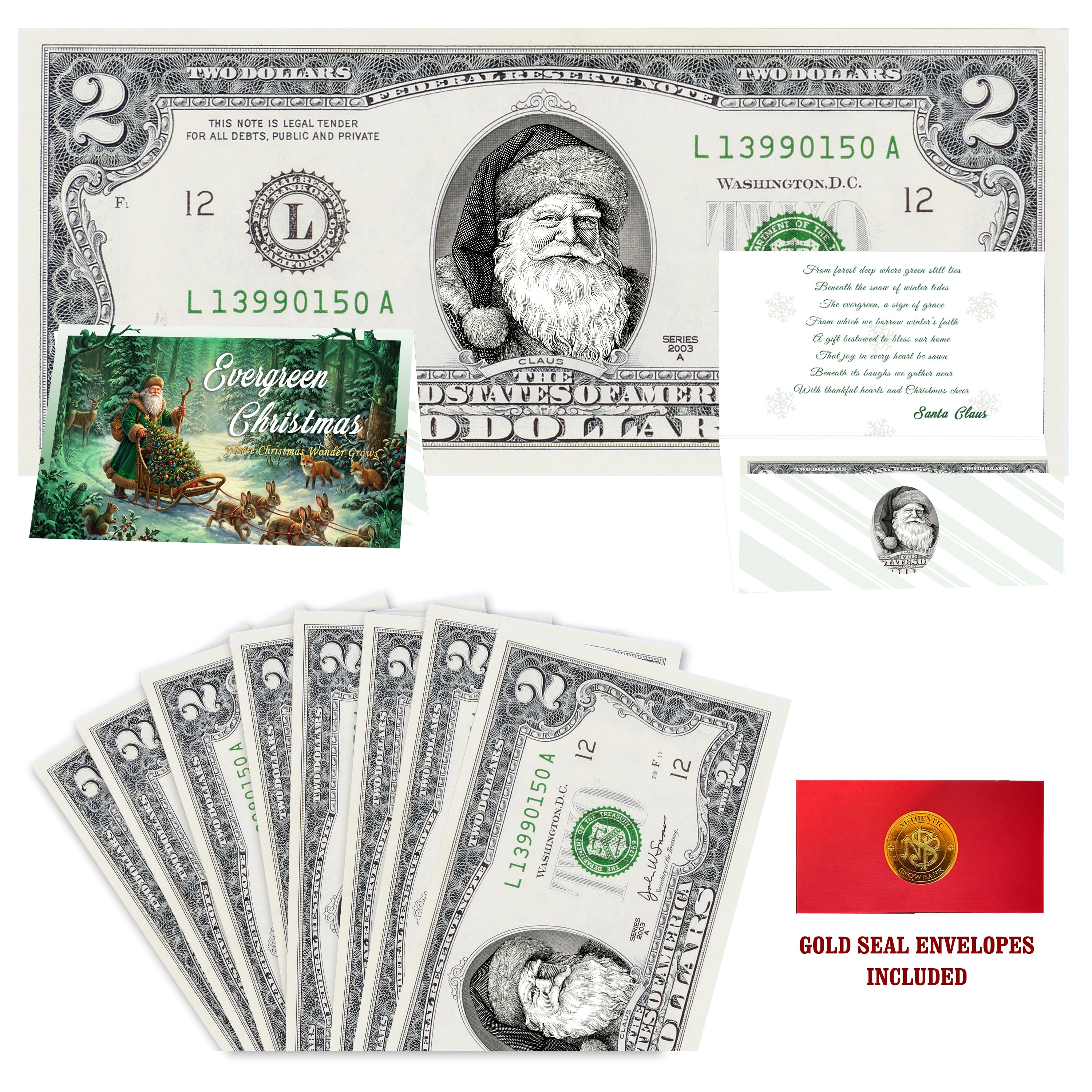 Eight $2 Santa Dollars featuring Father Christmas with Evergreen Christmas folded Christmas cards and gold-seal envelopes.