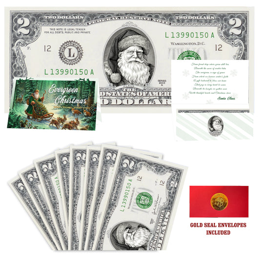 Eight $2 Santa Dollars featuring Father Christmas with Evergreen Christmas folded Christmas cards and gold-seal envelopes.