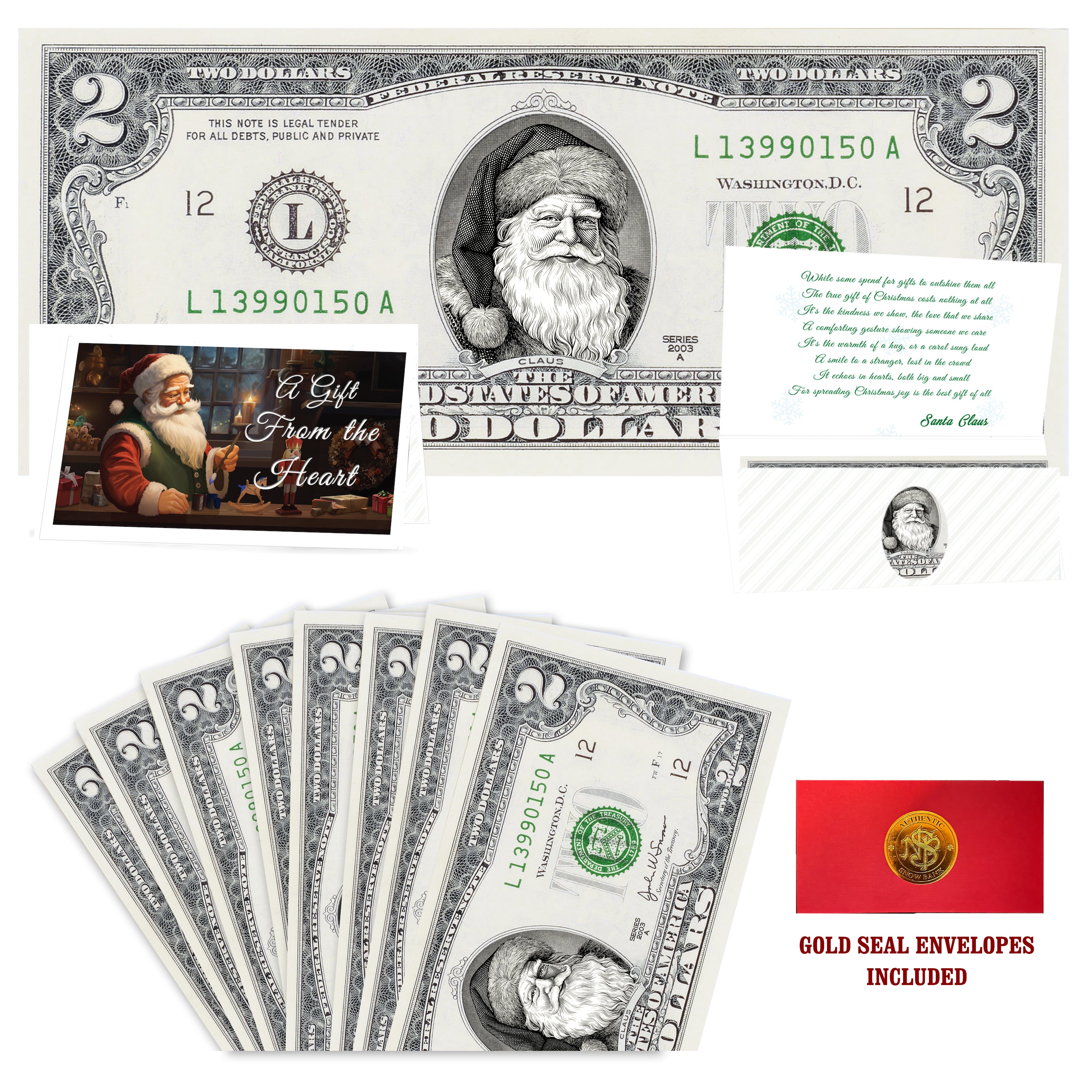 Eight $2 Santa Dollars featuring Father Christmas with Gift From the Heart folded Christmas cards and gold-seal envelopes.