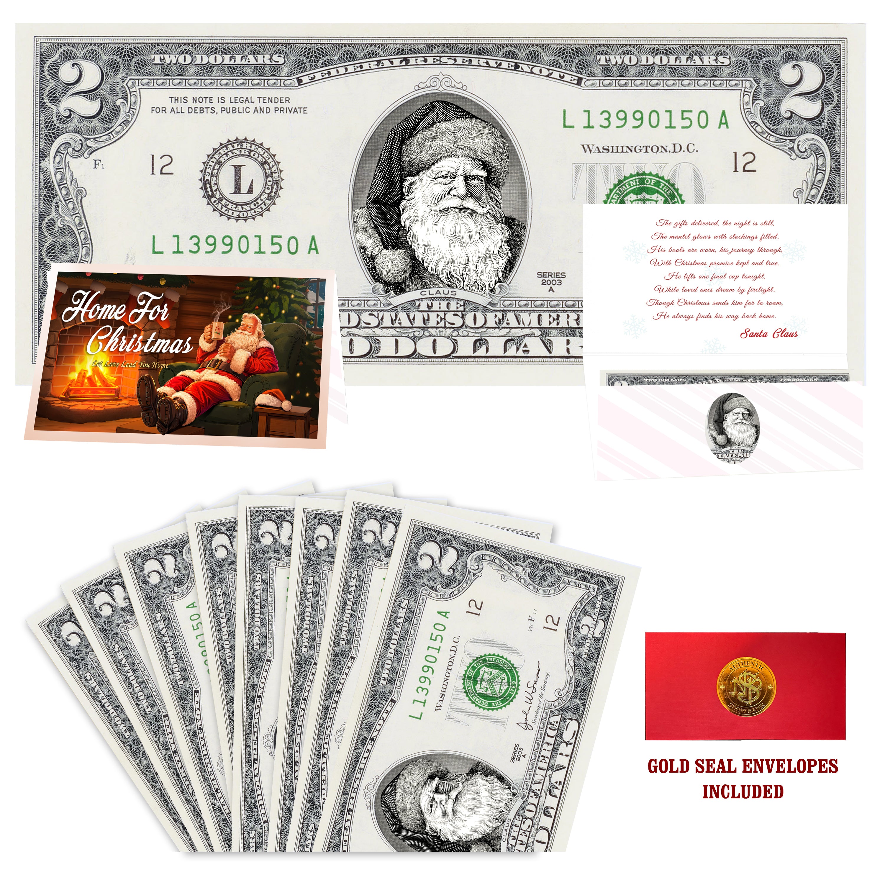 Eight $2 Santa Dollars featuring Father Christmas with Home for Christmas folded Christmas cards and gold-seal envelopes.