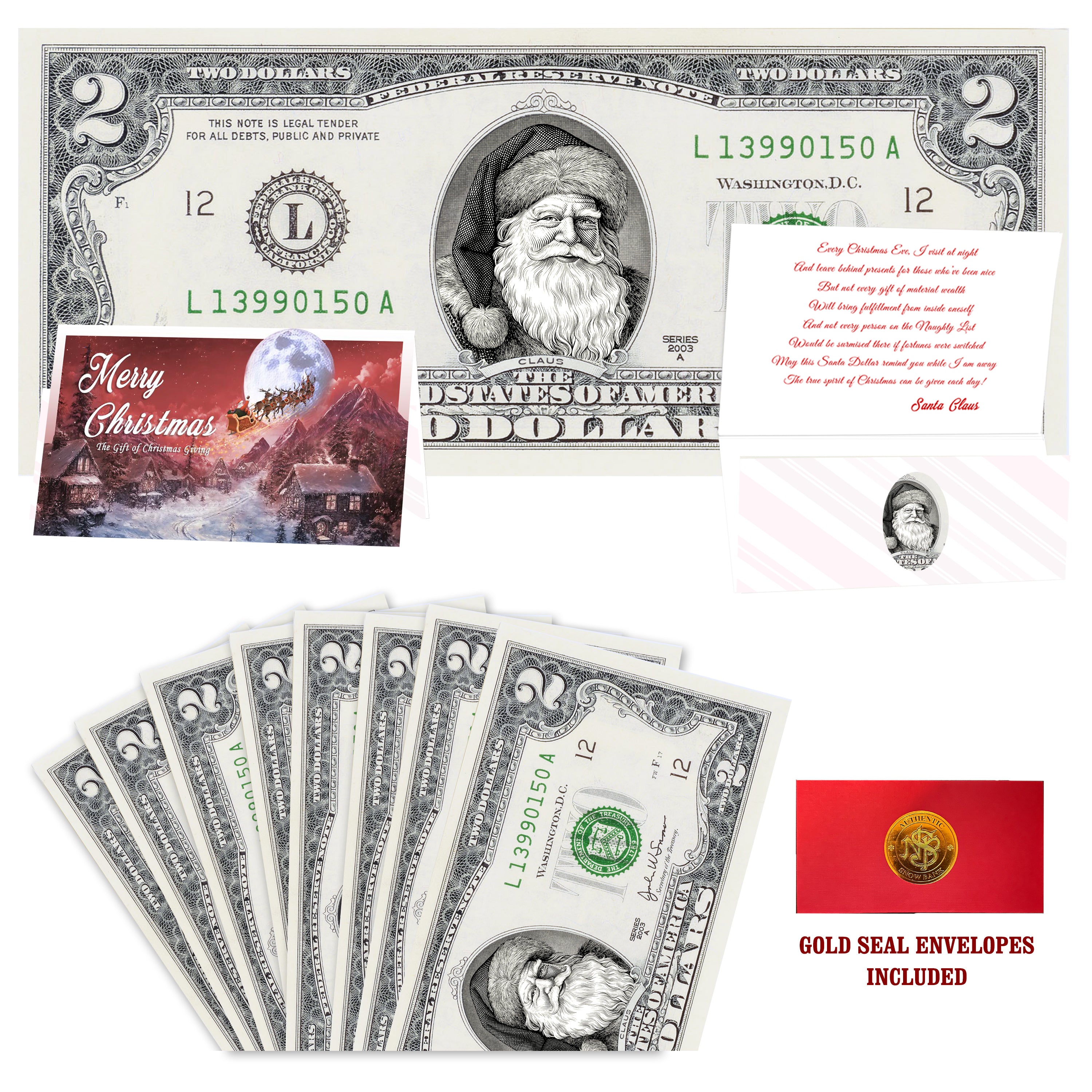 Eight $2 Santa Dollars featuring Father Christmas with To All a Goodnight folded Christmas cards and gold-seal envelopes.