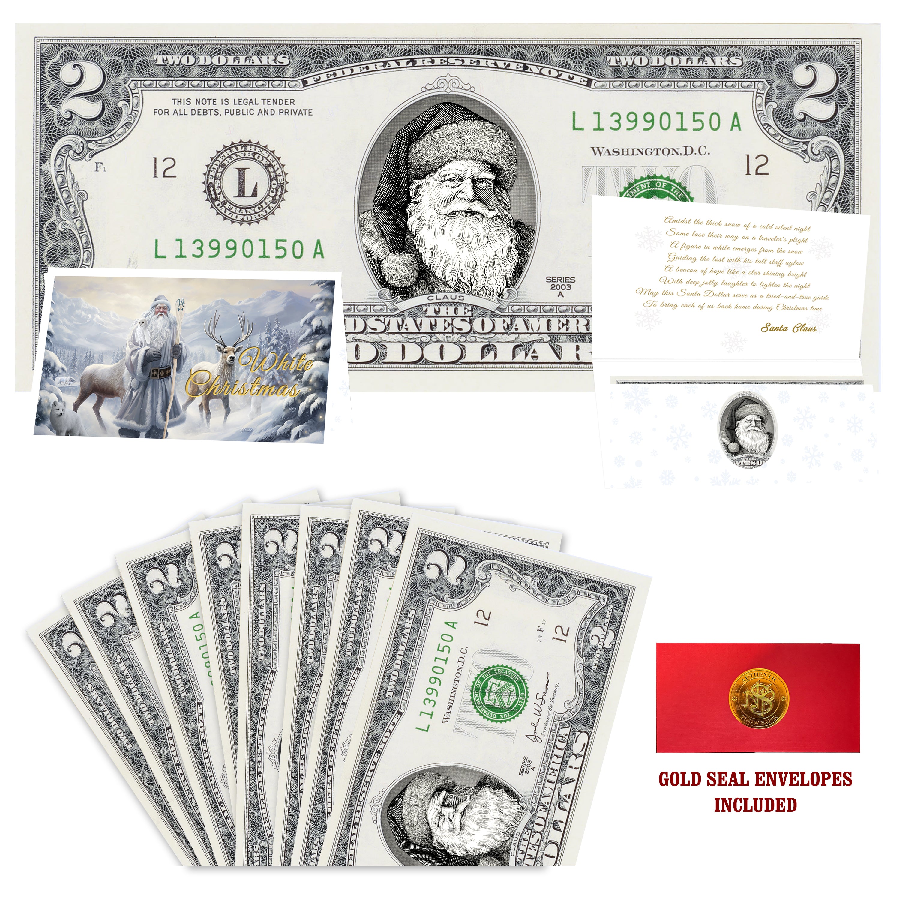 Eight $2 Santa Dollars featuring Father Christmas with White Christmas folded Christmas cards and gold-seal envelopes.