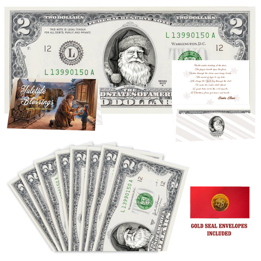 Eight $2 Santa Dollars featuring Father Christmas with Yuletide Blessings folded Christmas cards and gold-seal envelopes.