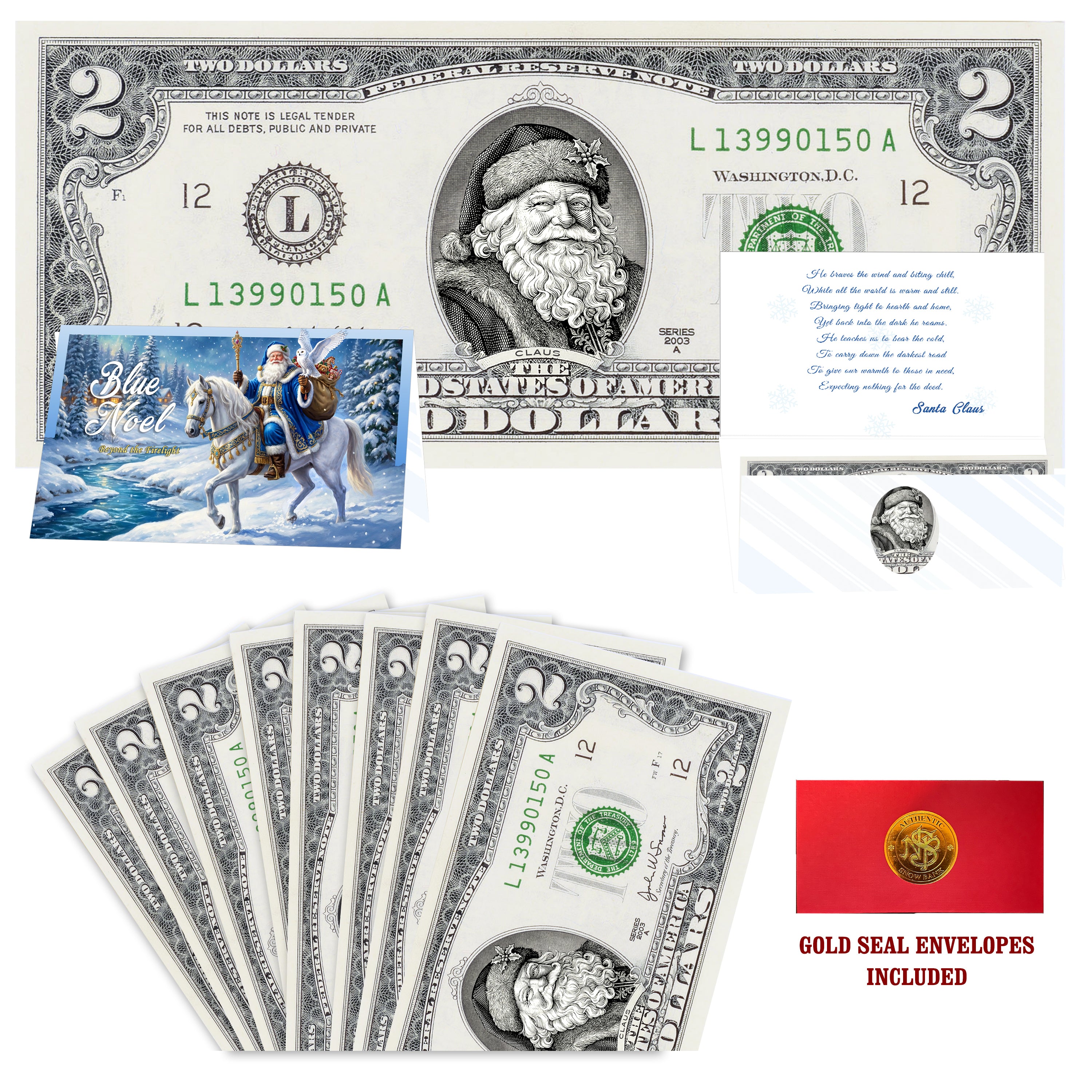 Eight $2 Santa Dollars featuring Winter Woods Santa with Blue Noel folded Christmas cards and gold-seal envelopes.