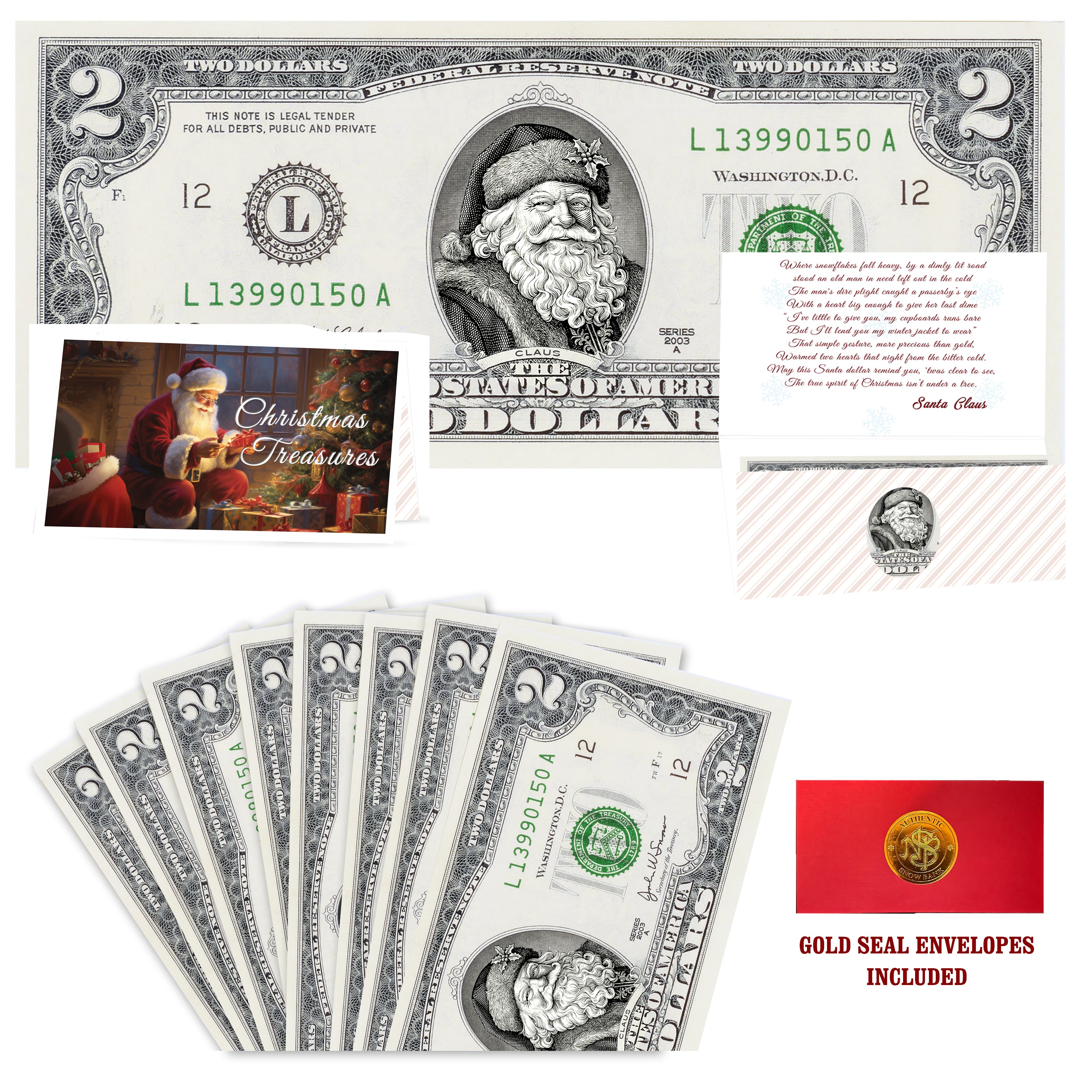 Eight $2 Santa Dollars featuring Winter Woods Santa with Christmas Treasures folded Christmas cards and gold-seal envelopes.