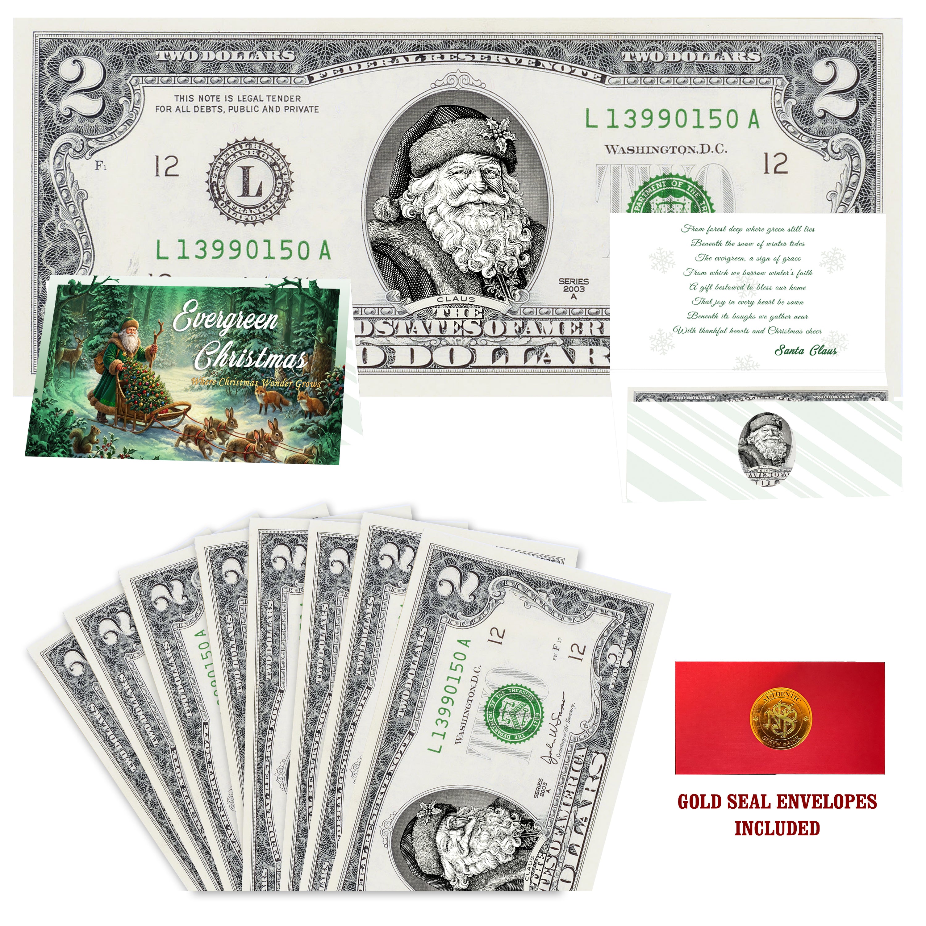 Eight $2 Santa Dollars featuring Winter Woods Santa with Evergreen Christmas folded Christmas cards and gold-seal envelopes.