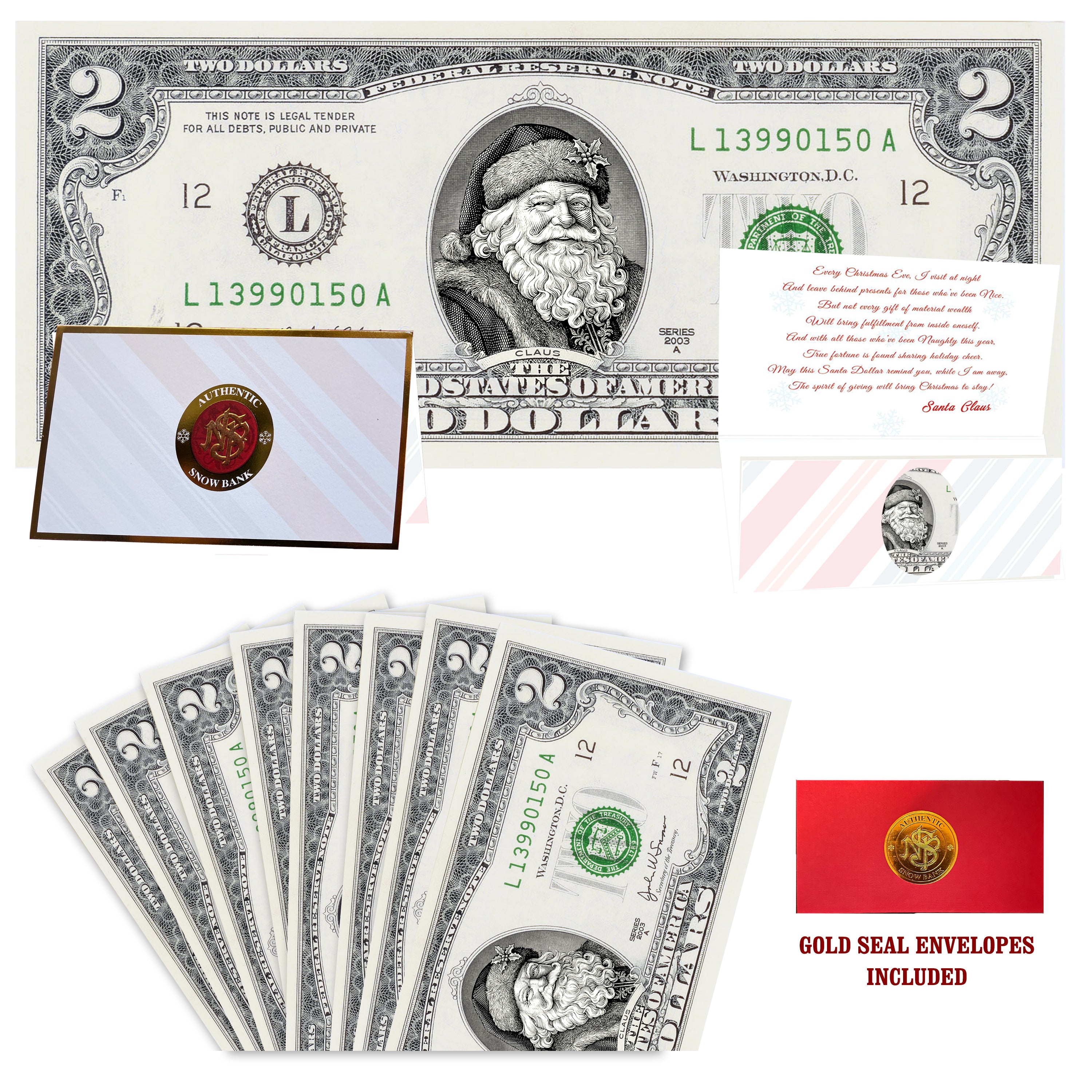 Eight $2 Santa Dollars featuring Winter Woods Santa with Snow Bank folded Christmas cards and gold-seal envelopes.