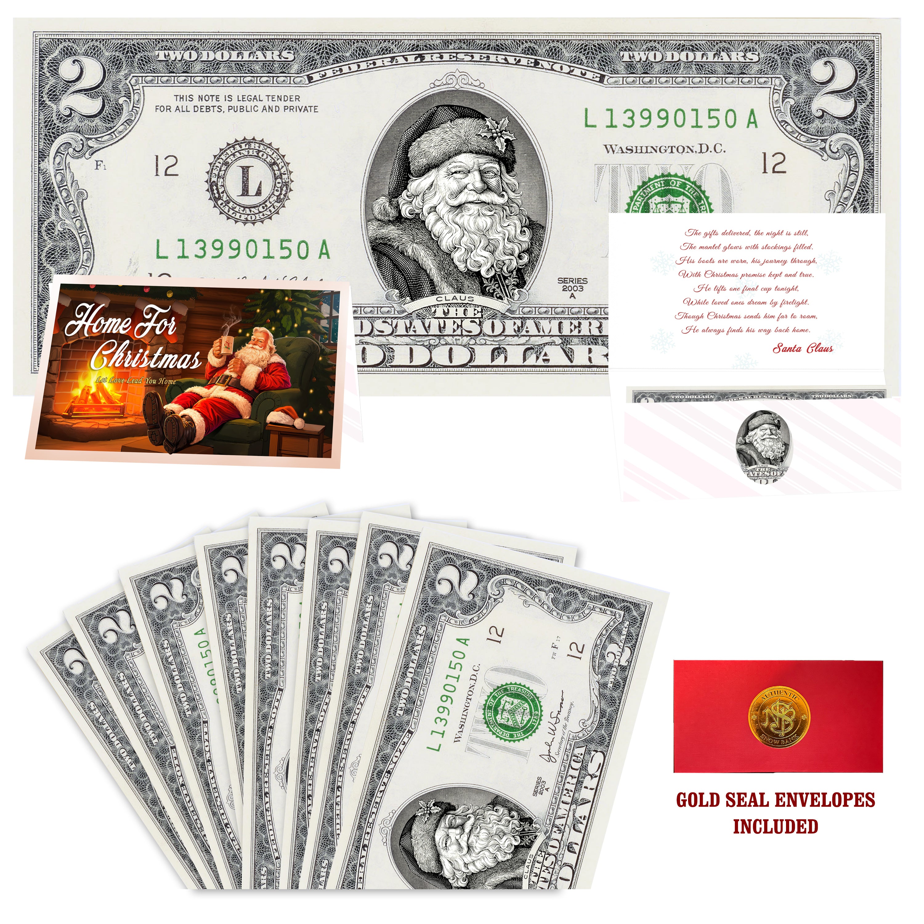 Eight $2 Santa Dollars featuring Winter Woods Santa with Home for Christmas folded Christmas cards and gold-seal envelopes.