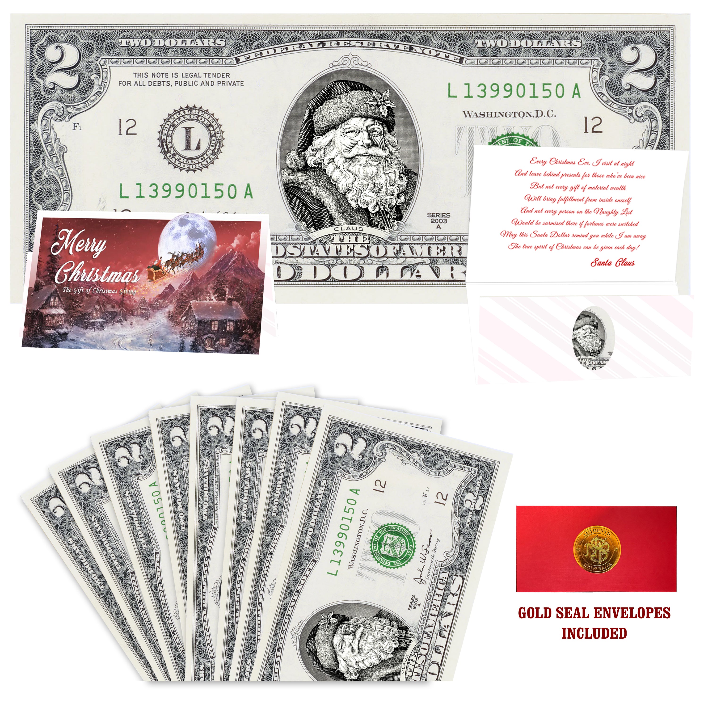 Eight $2 Santa Dollars featuring Winter Woods Santa with To All a Goodnight folded Christmas cards and gold-seal envelopes.