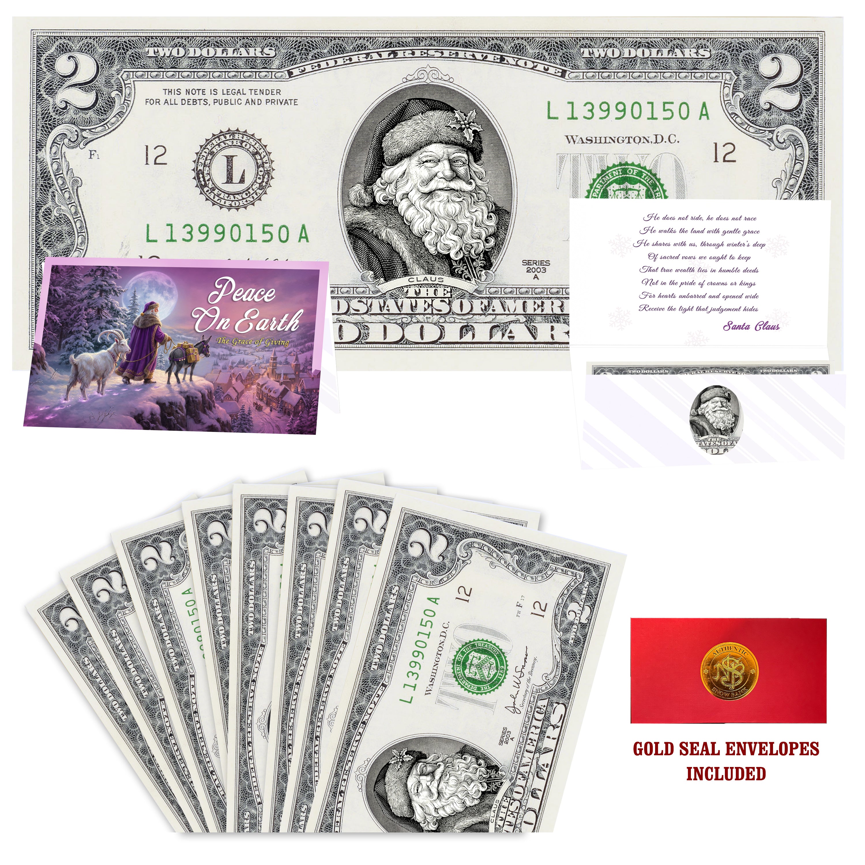 Eight $2 Santa Dollars featuring Winter Woods Santa with Peace on Earth folded Christmas cards and gold-seal envelopes.